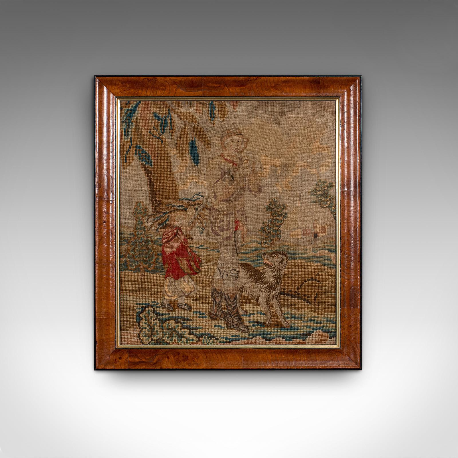This is an antique tapestry panel. An English, needlepoint and burr walnut decorative scene, dating to the late 18th century and later, circa 1800.

Fascinating antique tapestry presented within a quality later frame
Displaying a desirable aged