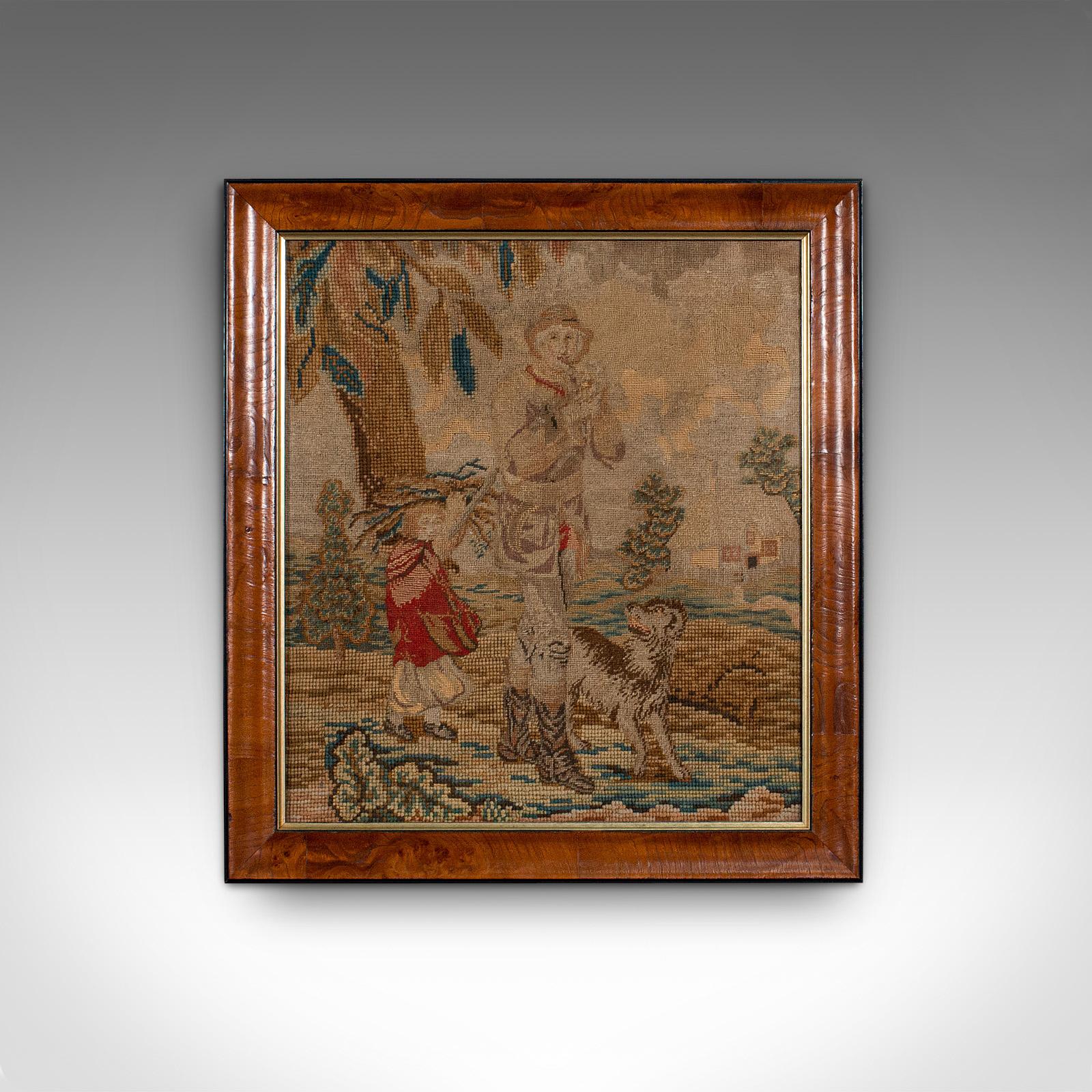 This is an antique tapestry panel. An English, needlepoint and burr walnut decorative scene, dating to the late 18th century and later, circa 1800.

Fascinating antique tapestry presented within a quality later frame
Displaying a desirable aged