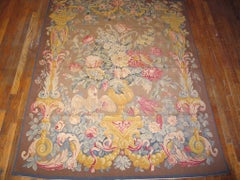 1890s Brown Floral Antique French Tapestry Carpet 5'2"x6'9" Flatweave Wool Rug