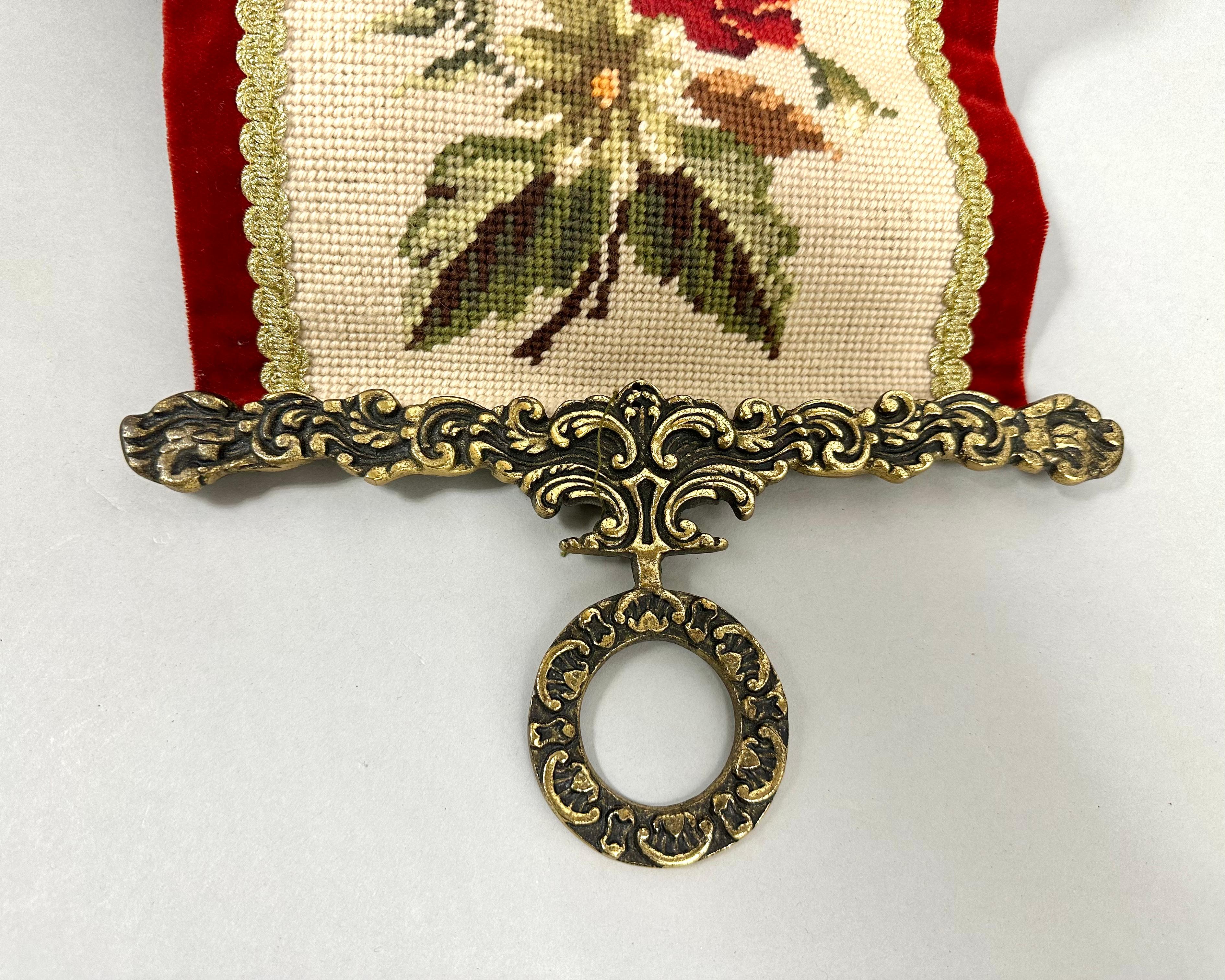 Amazing old sonnet. Bell pull - tapestry ribbon with bronze curly pendants. Embroidery - handmade tapestry.

Great story - the flowers look amazing. The reverse side is red velvet.

Sonnet (from French sonnette bell, bell) - an outdated name, a room
