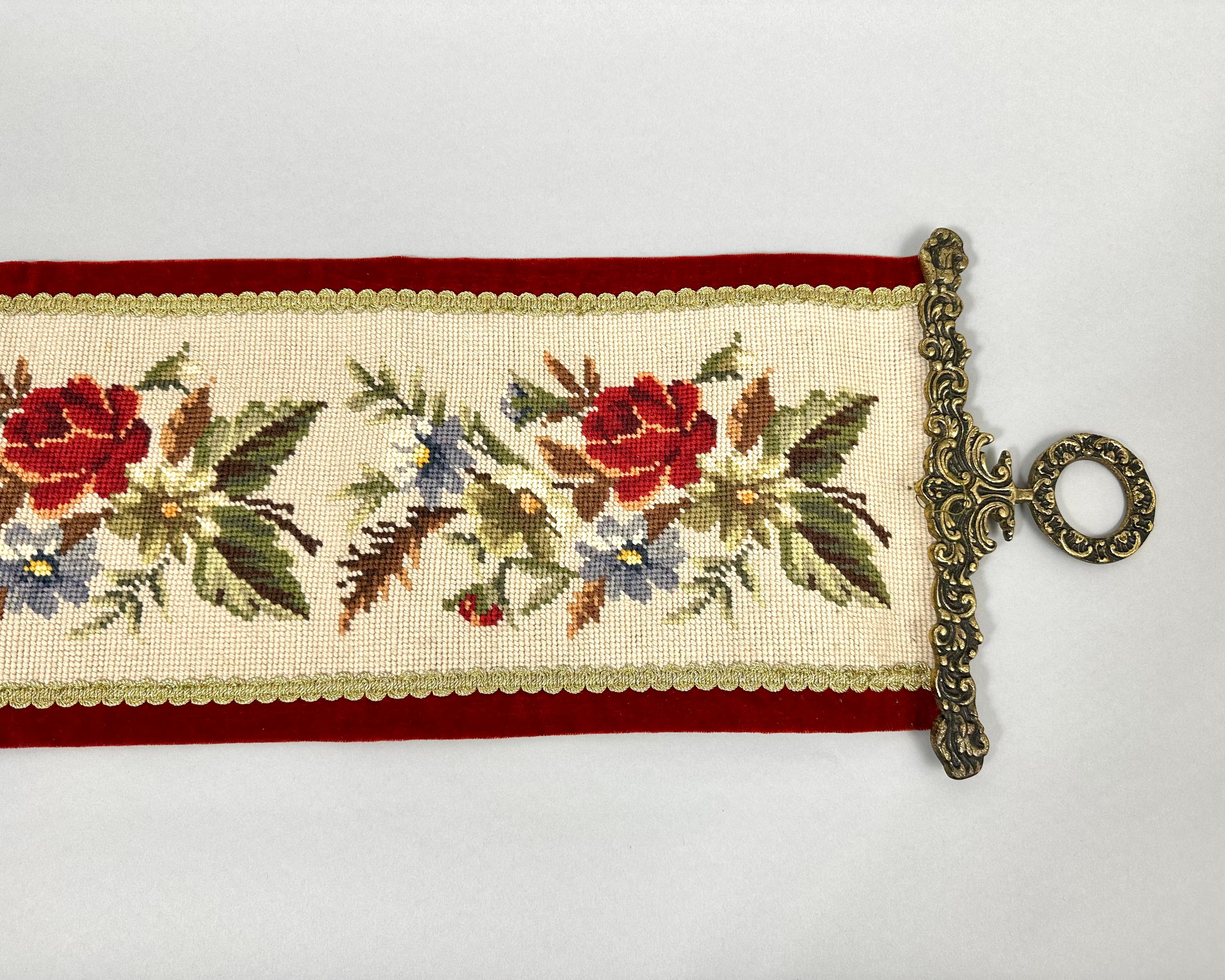 Antique Tapestry Sonnet, Hand Embroidered, Bronze  Antique Bell Ribbon In Excellent Condition In Bastogne, BE