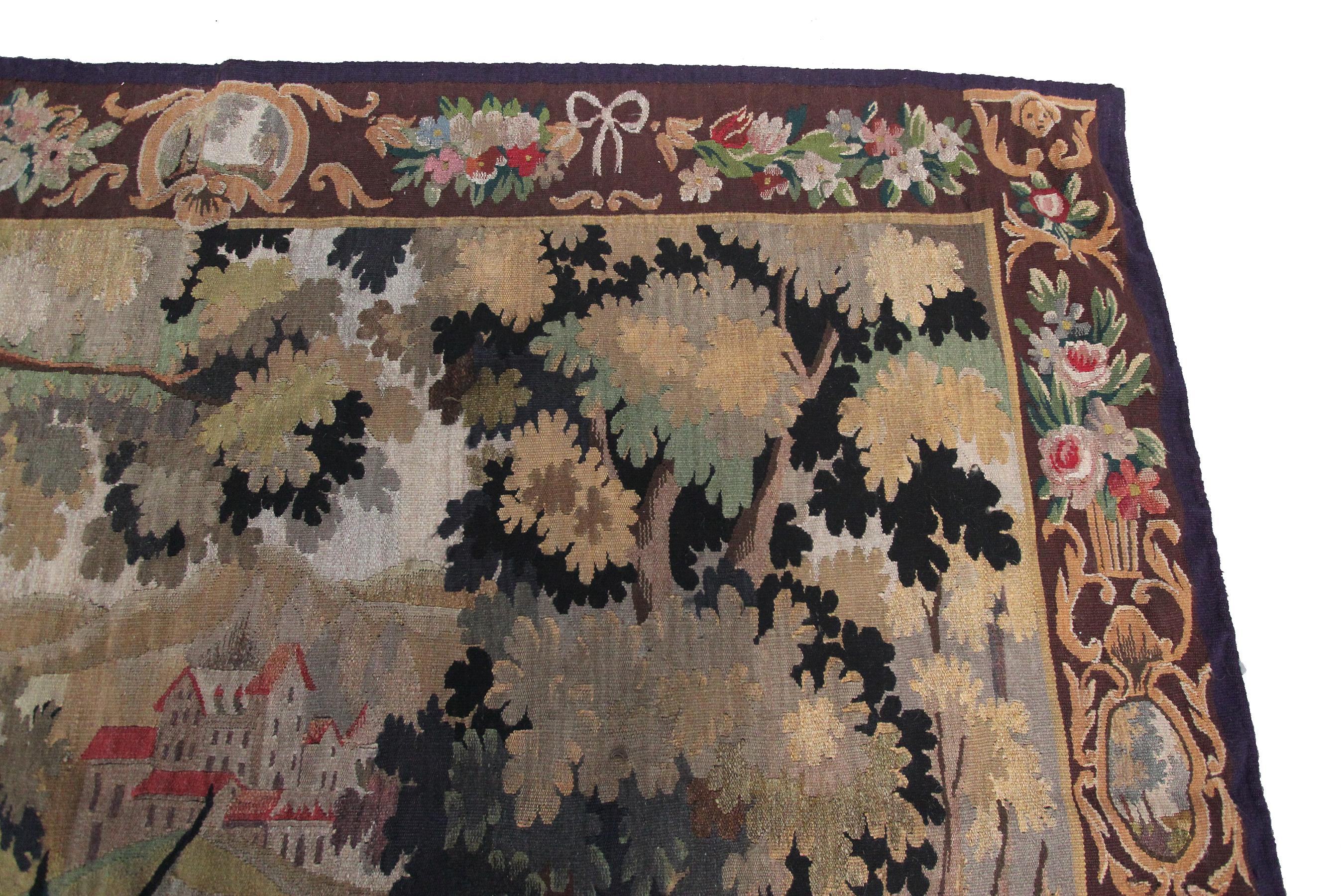 Baroque Tapisserie ancienne Verdure Grande tapisserie française faite à la main 5X7, 1900 en vente