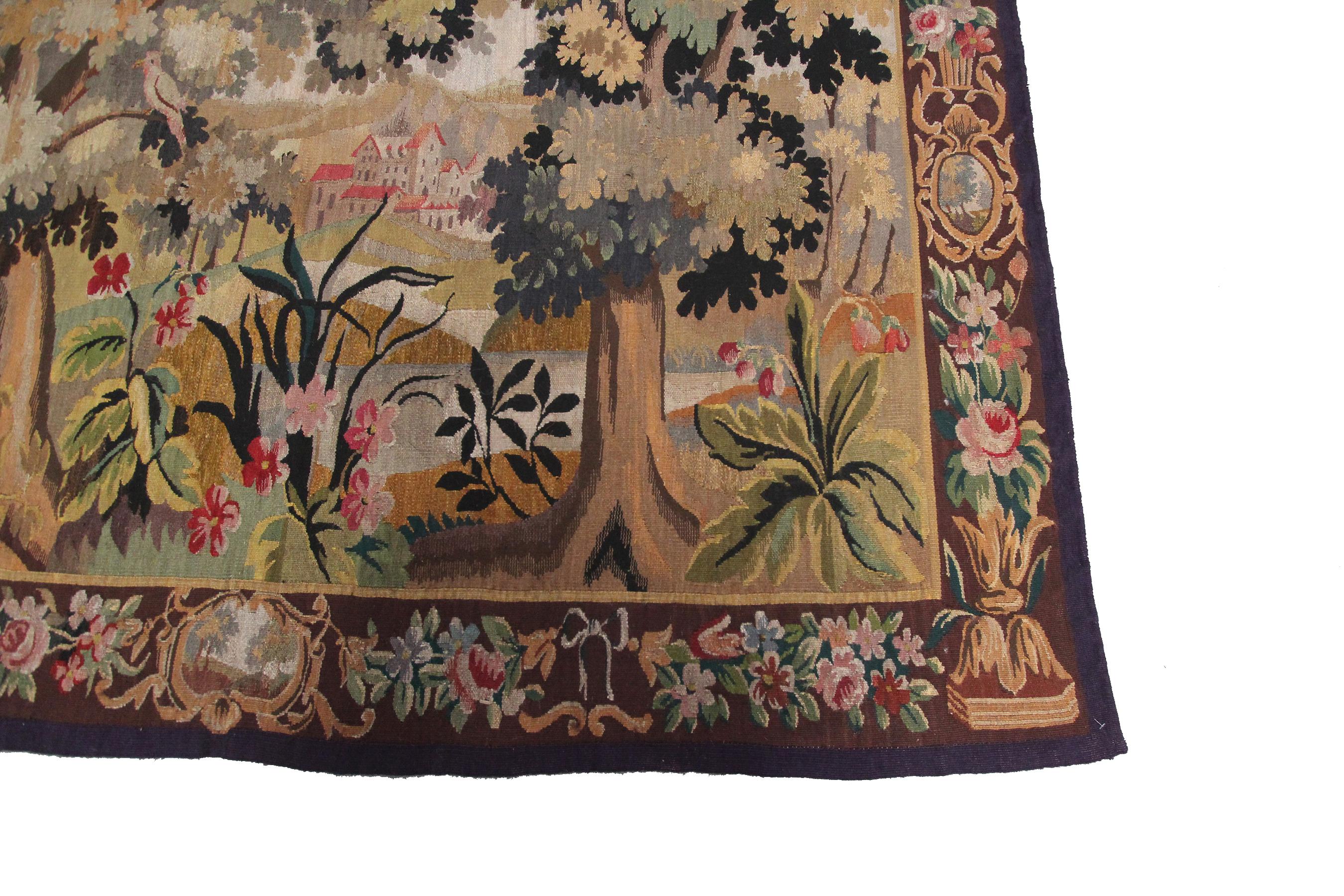 Hand-Woven Antique Tapestry Verdure Tapestry Large Handmade French Tapestry 5X7, 1900 For Sale
