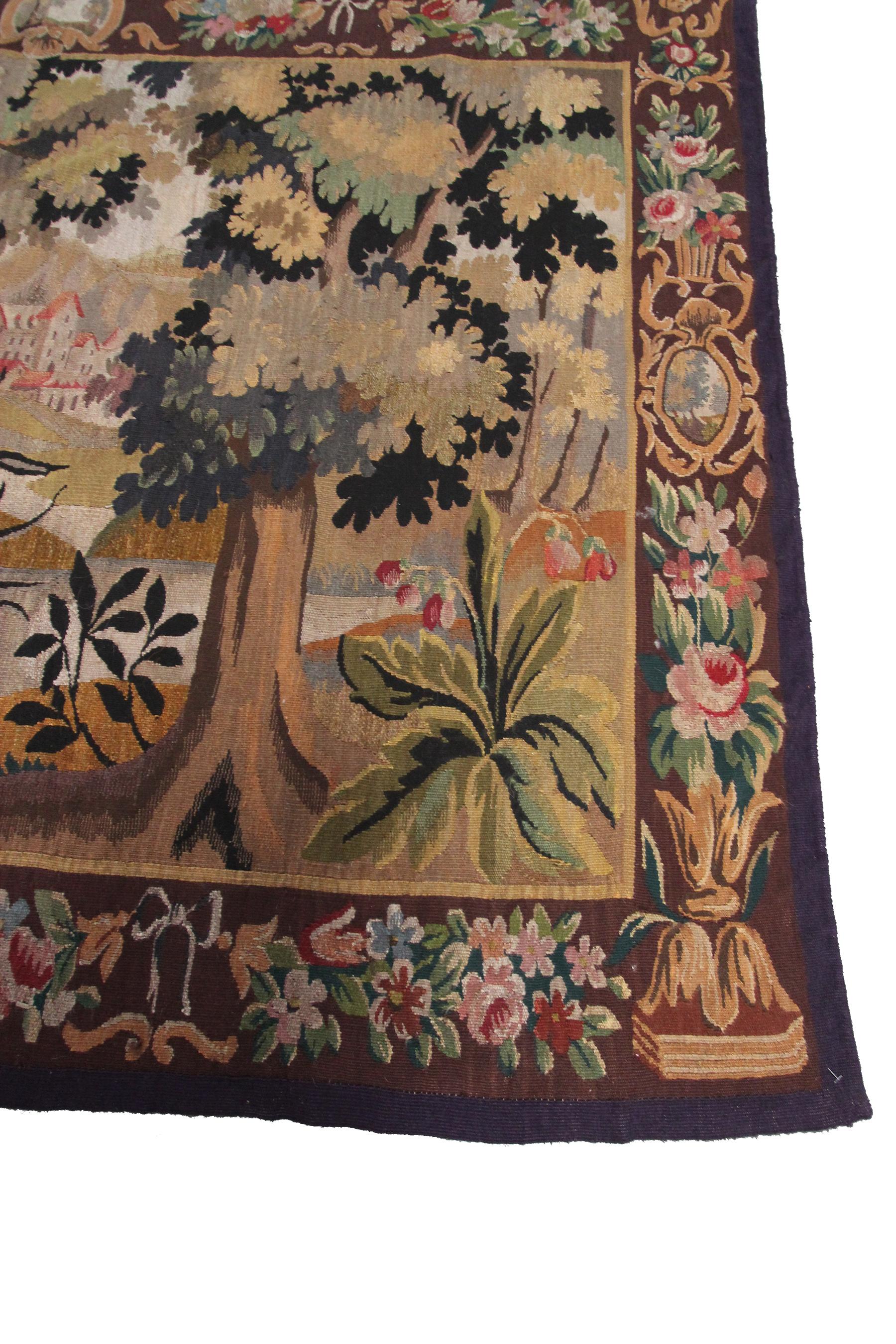 Wool Antique Tapestry Verdure Tapestry Large Handmade French Tapestry 5X7, 1900 For Sale