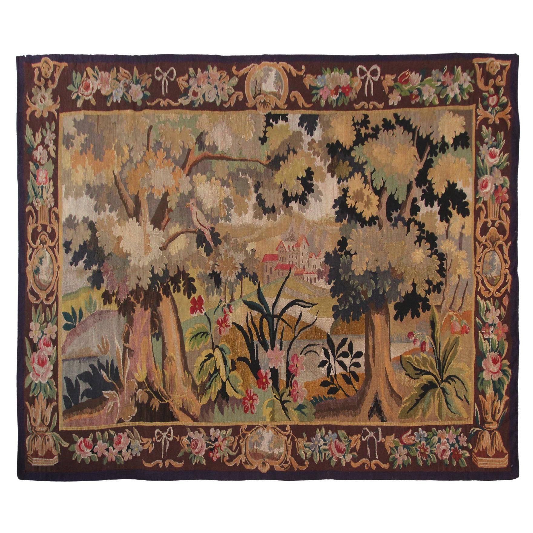 Antique Tapestry Verdure Tapestry Large Handmade French Tapestry 5X7, 1900 For Sale