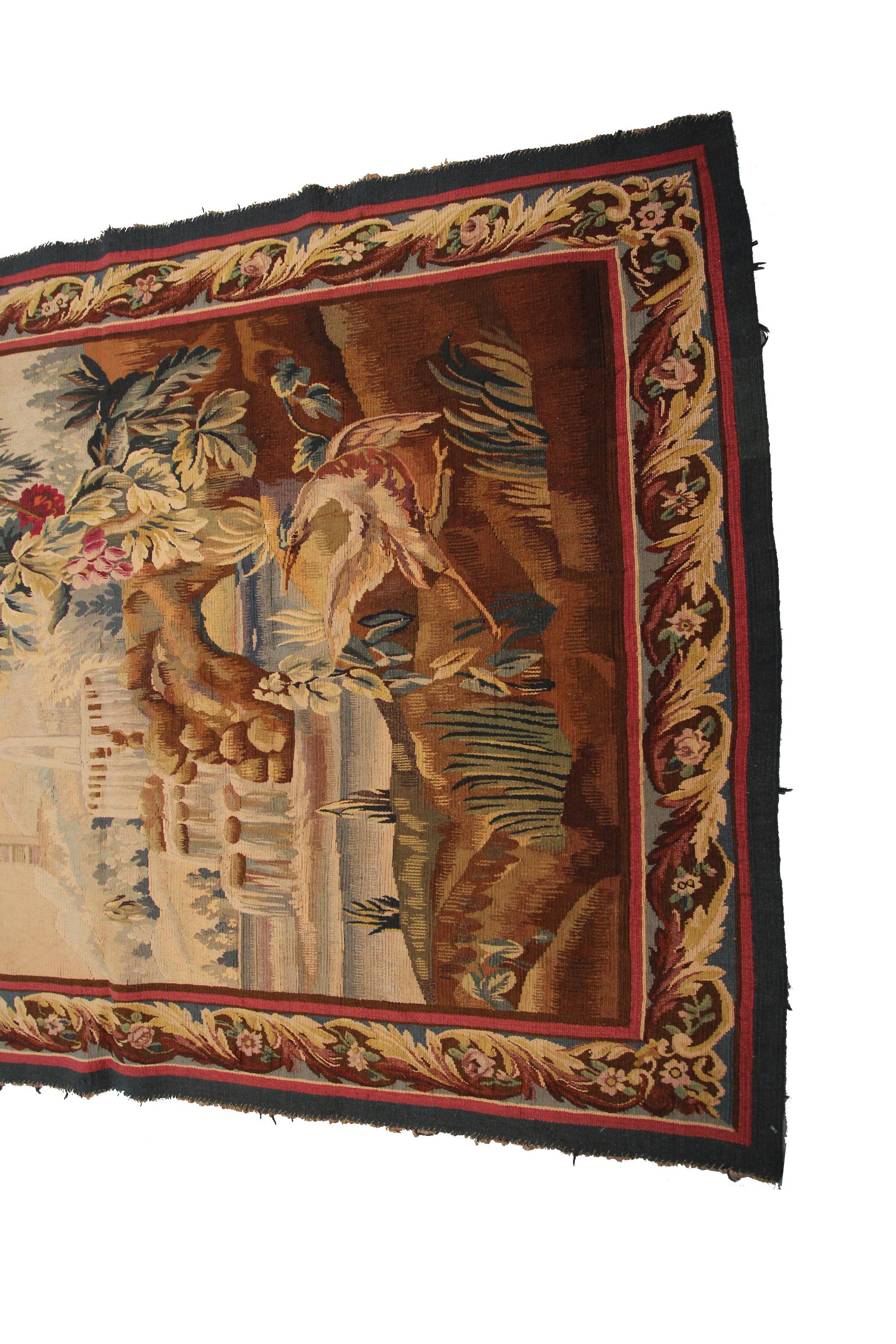 Antiker Verdure-Wandteppich, Großer handgefertigter französischer Wandteppich 5X7, 1920 (Barock) im Angebot
