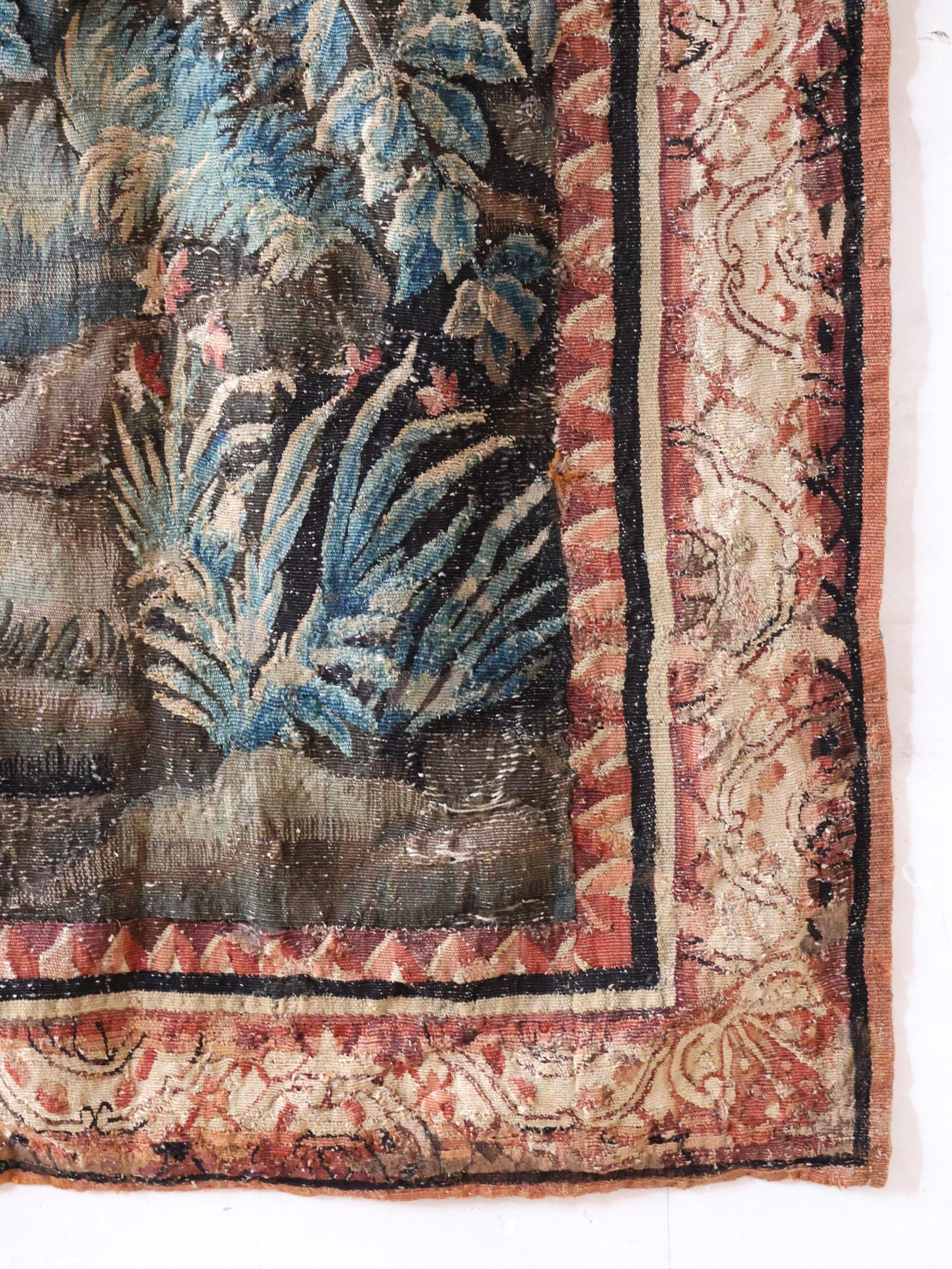 Tissu Tapisserie ancienne avec scène de chasse classique, Verdure ± 1700 en vente