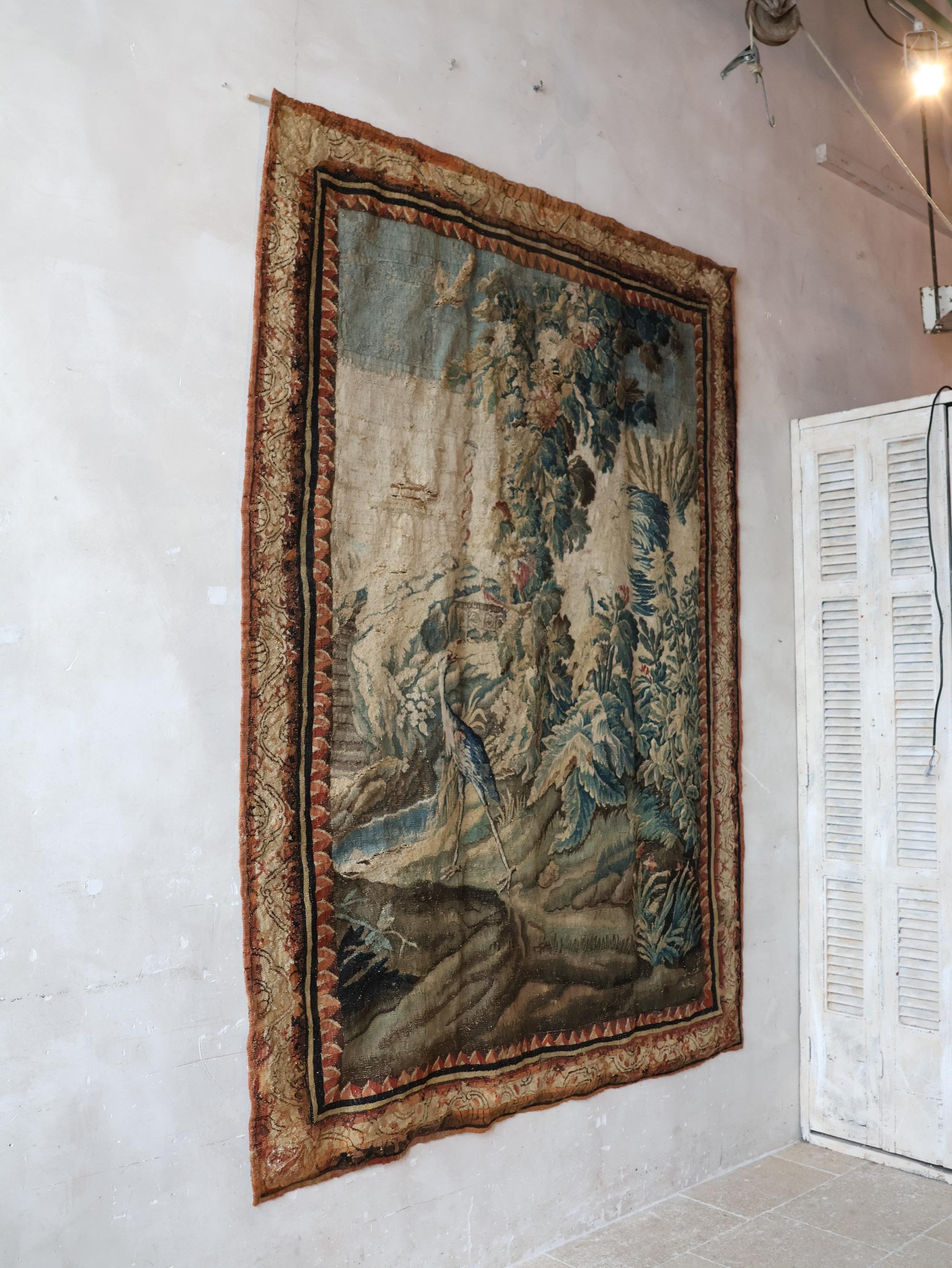 Tapisserie ancienne avec scène de chasse classique, Verdure ± 1700 en vente 3