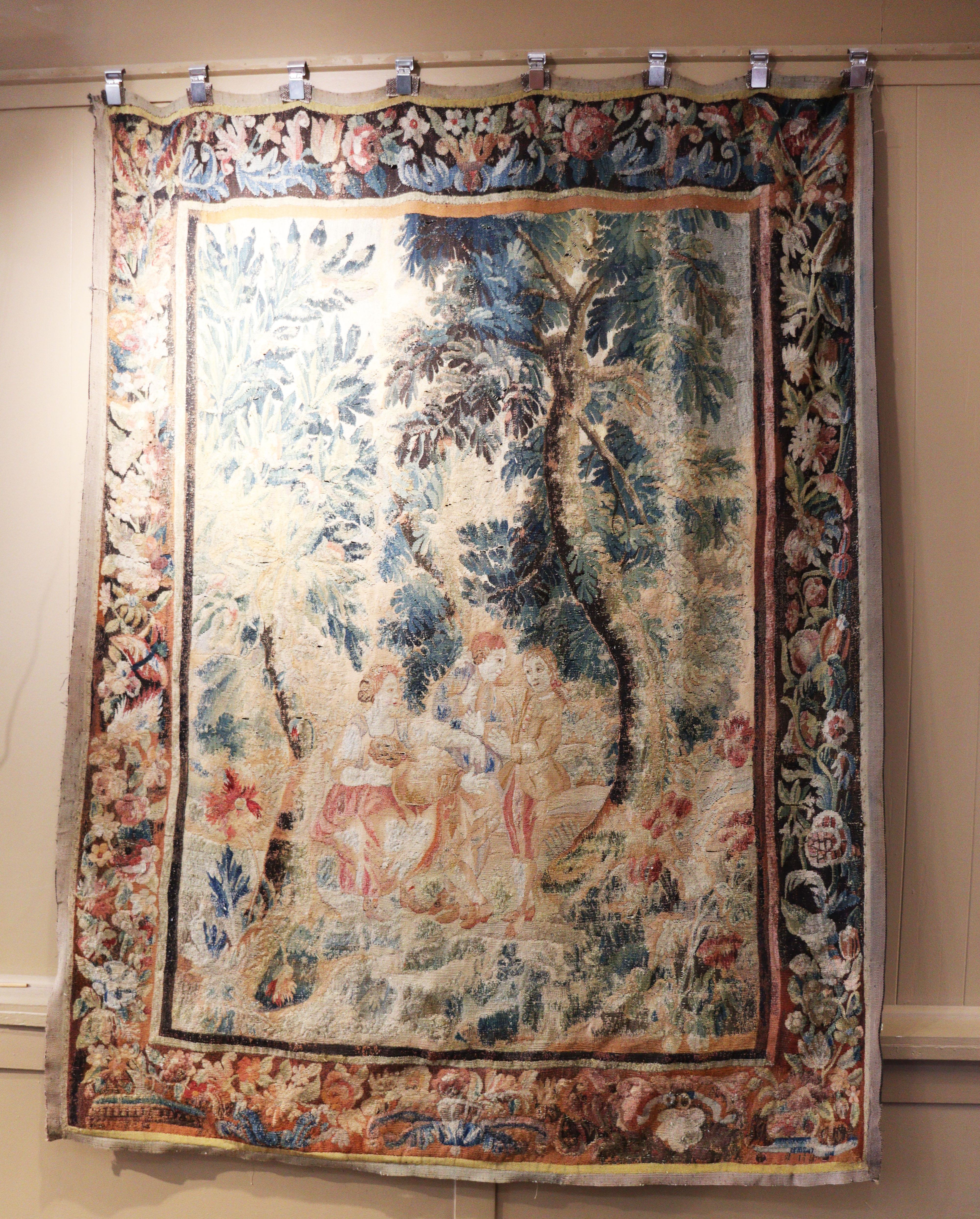 Wool Antique Tapestry with Forest Landscape For Sale