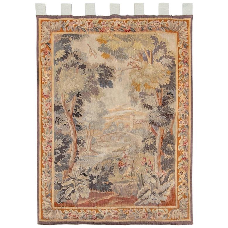 Antique Tapestry With Forest River Landscape