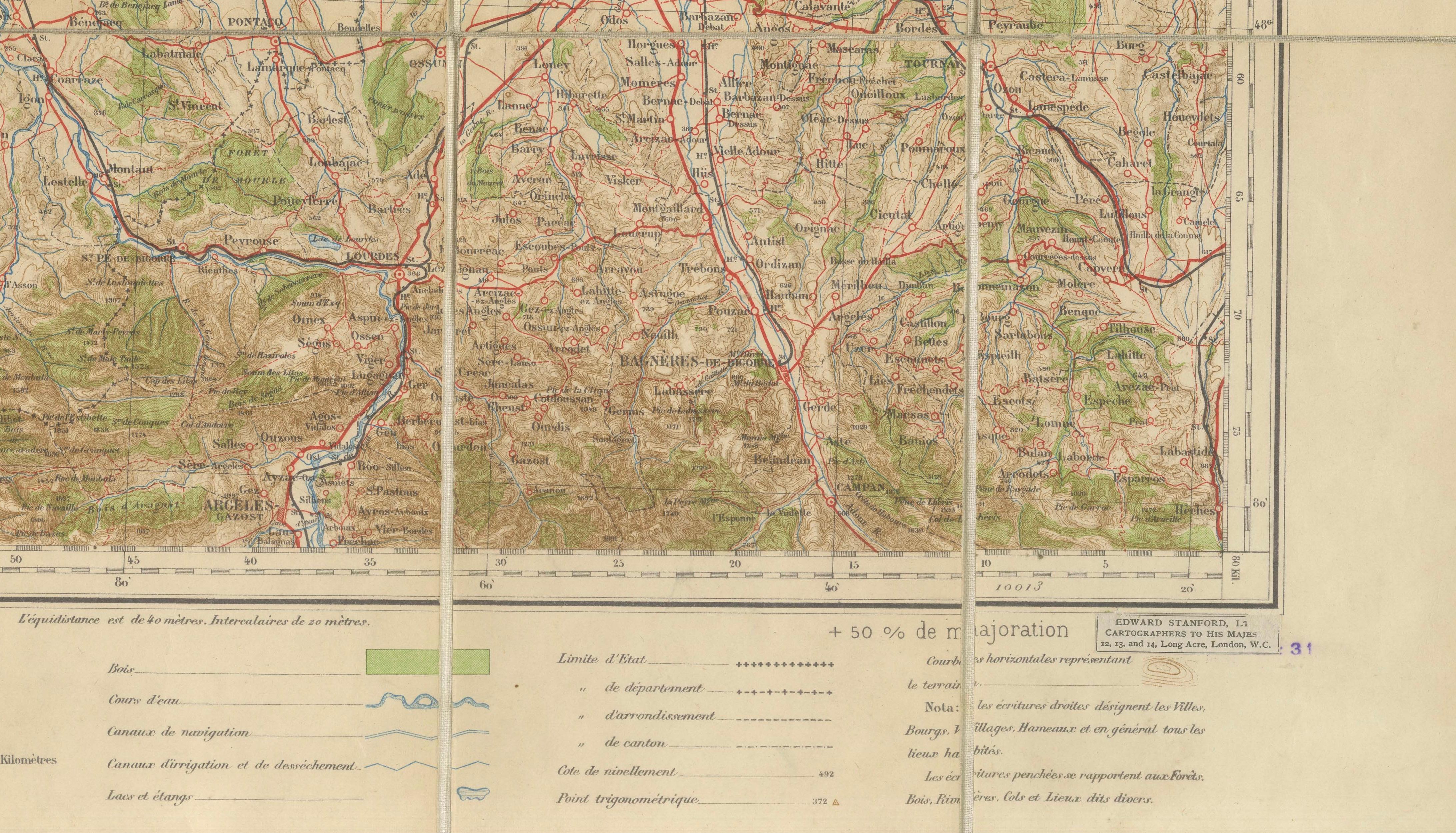 Antique Tarbes & French Pyrenees Folding Map, Edward Stanford, 1922
