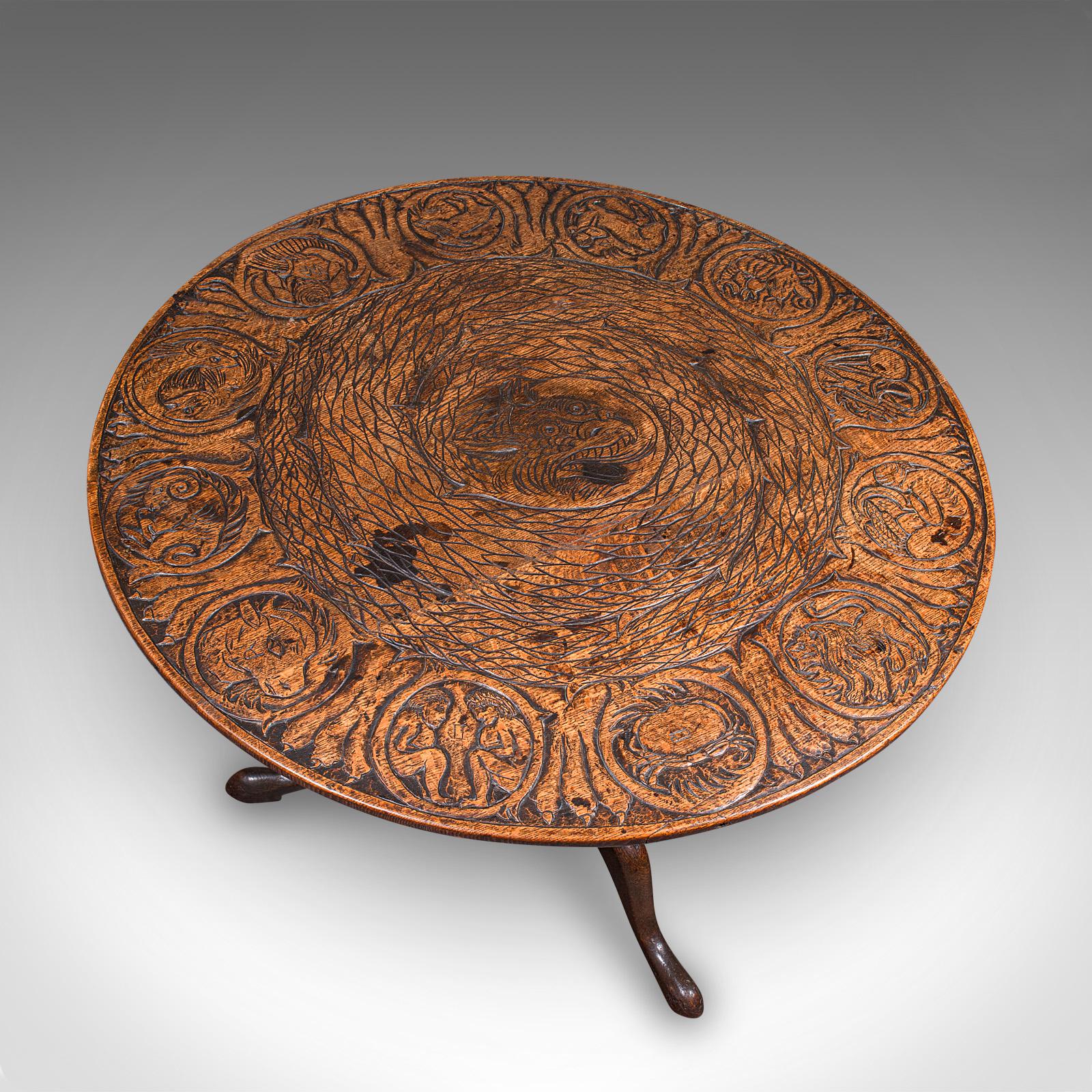 Fin du XIXe siècle Ancienne table de salon pour le tarot, anglaise, Oak, sculpture de Zodiac, victorienne, Circa 1870 en vente