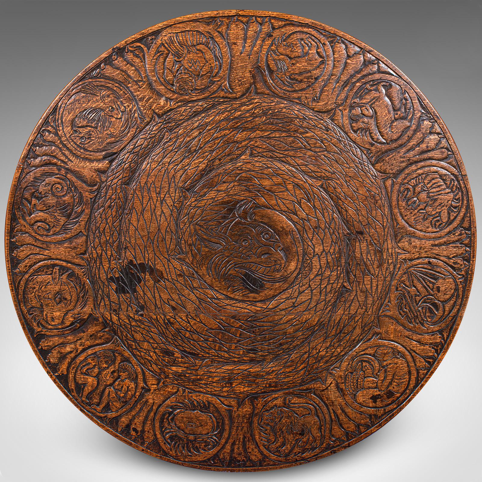 Chêne Ancienne table de salon pour le tarot, anglaise, Oak, sculpture de Zodiac, victorienne, Circa 1870 en vente