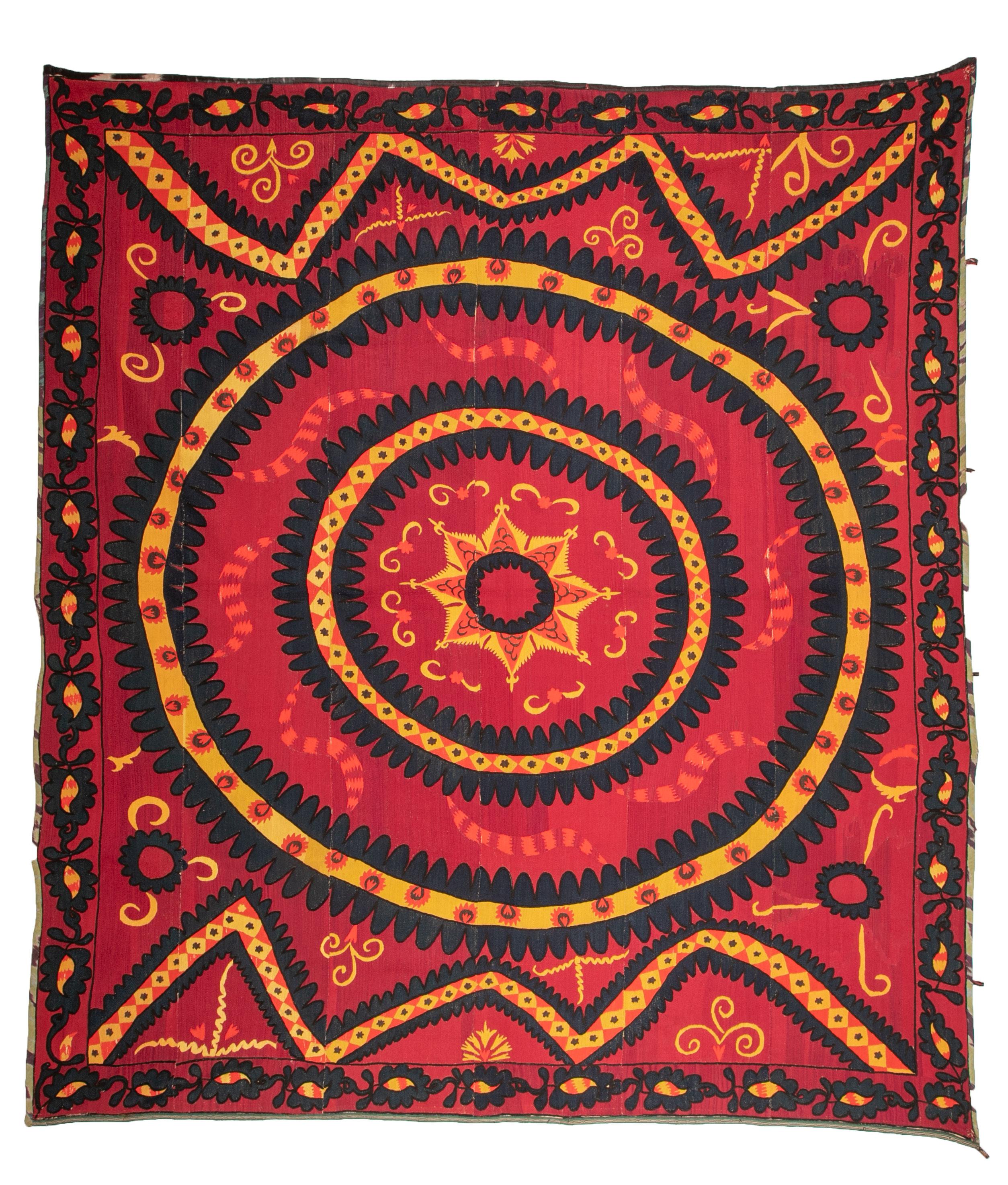 Suzanis from the regions of Tashkent and Pishkent have some astral names such az ‘moon sky’,
‘Star Sky ‘. The main characteristic of these suzanis is that of their being fully embroidered in silk and sometimes in wool in sections.
Ground cloth is