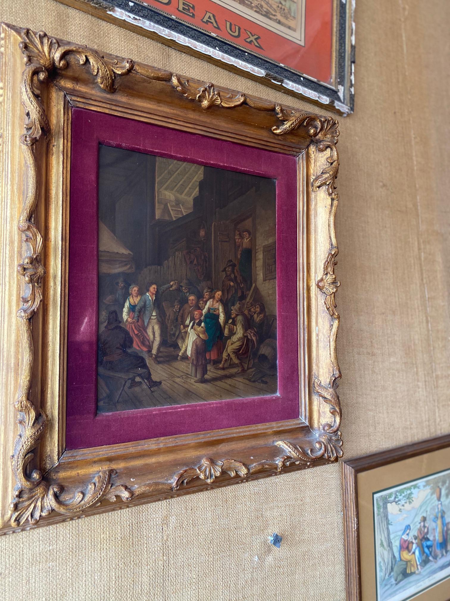 Belgian Antique Tavern Scene Oil Painting For Sale
