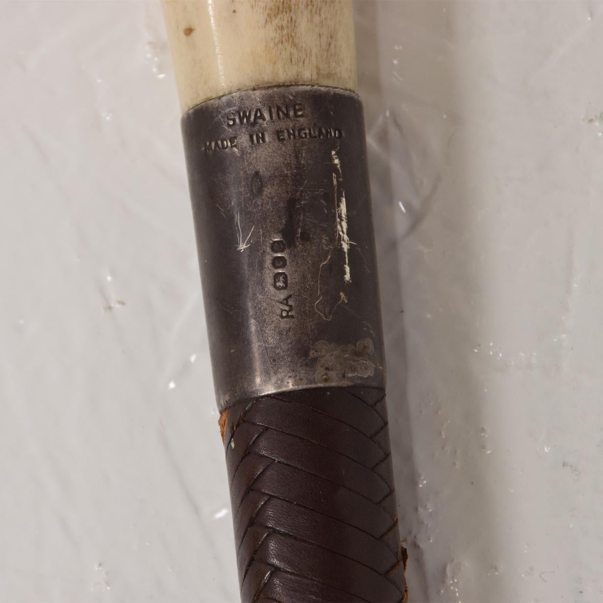 Mid-20th Century Antique Taxidermy Antler Leather and Sterling Equestrian Leather Whip Stick