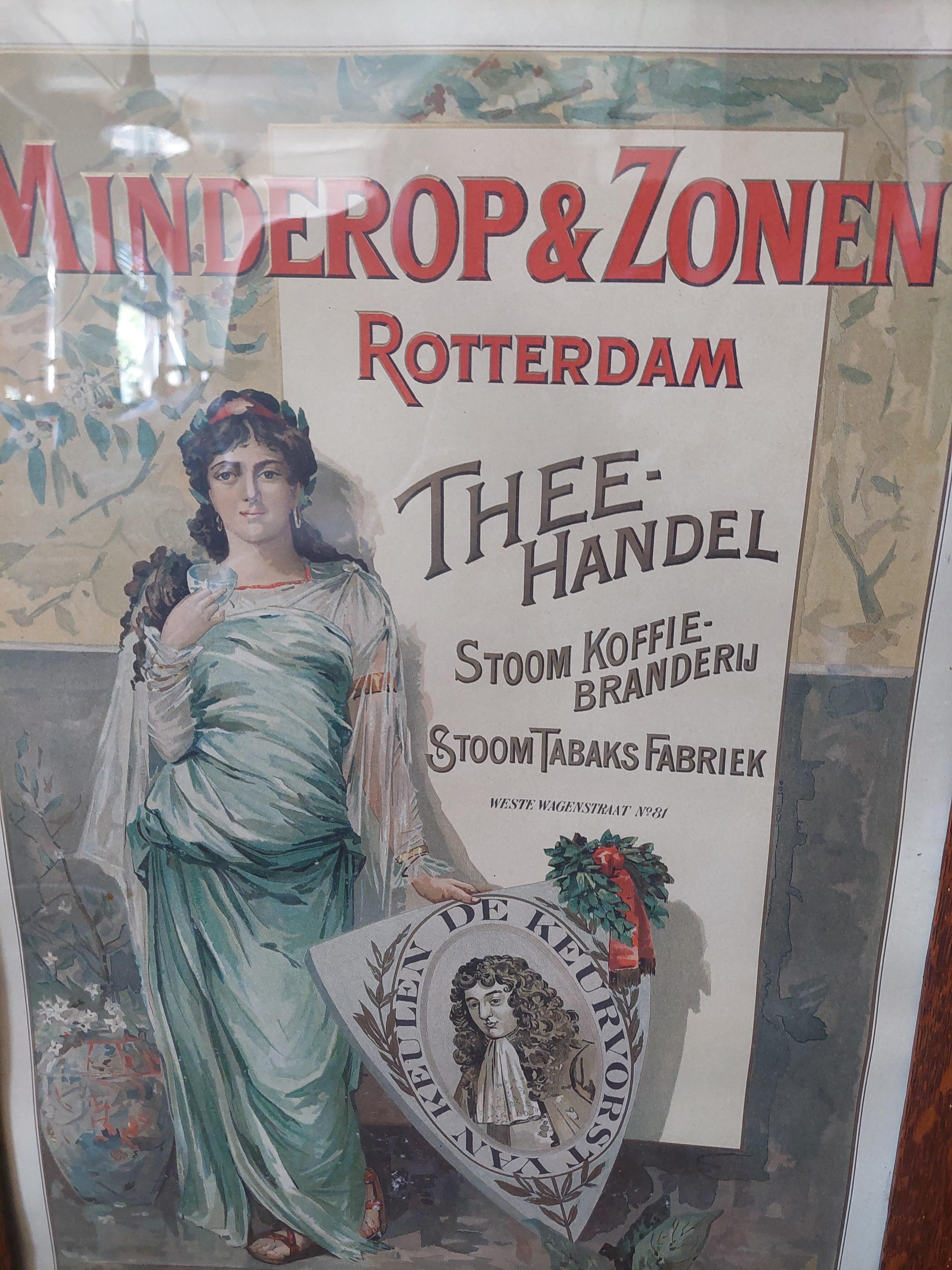 Antikes Werbeplakat Minderop & Zonen Rotterdam, Theehandel, Tee im Zustand „Relativ gut“ im Angebot in Langweer, NL