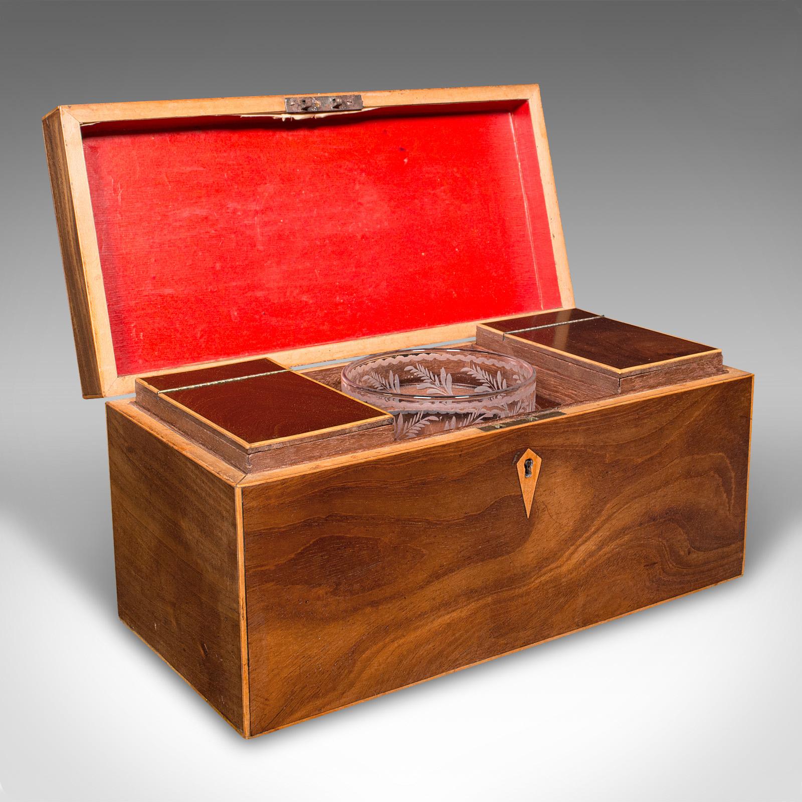 Il s'agit d'une boîte à thé ancienne. Récipient anglais en bois de rose et de satin avec mélangeur en verre, datant de la fin de la période Regency, vers 1830.

Délicieux caddy d'époque Régence avec de beaux détails et de belles