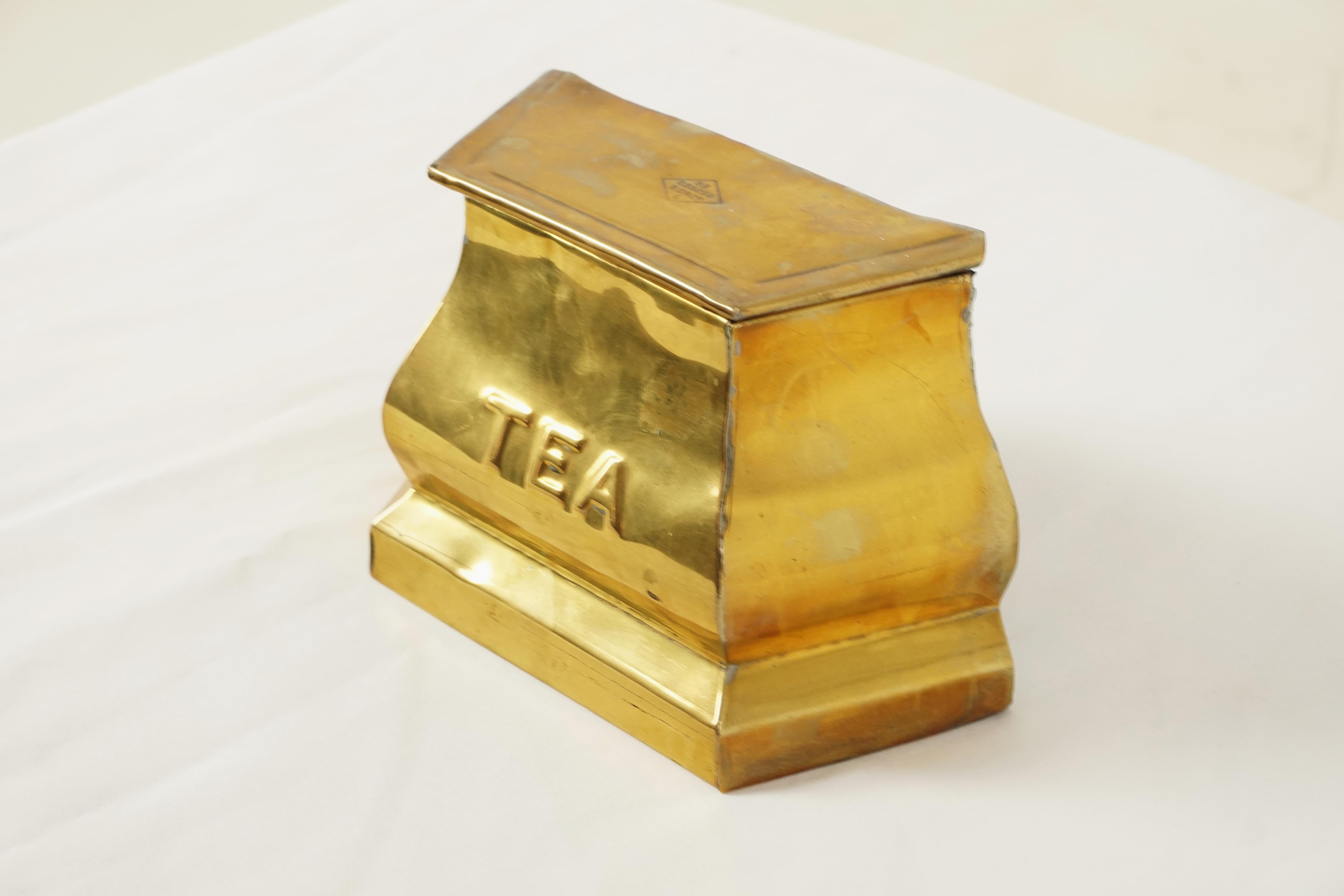Antique tea caddy, Victorian, brass box with lid, Scotland 1880, B645Y

Scotland 1880
Brass
Brass lid on top opens to reveal large storage area
Shaped front and sides
Standing on a plinth base 
Front has an embossed 