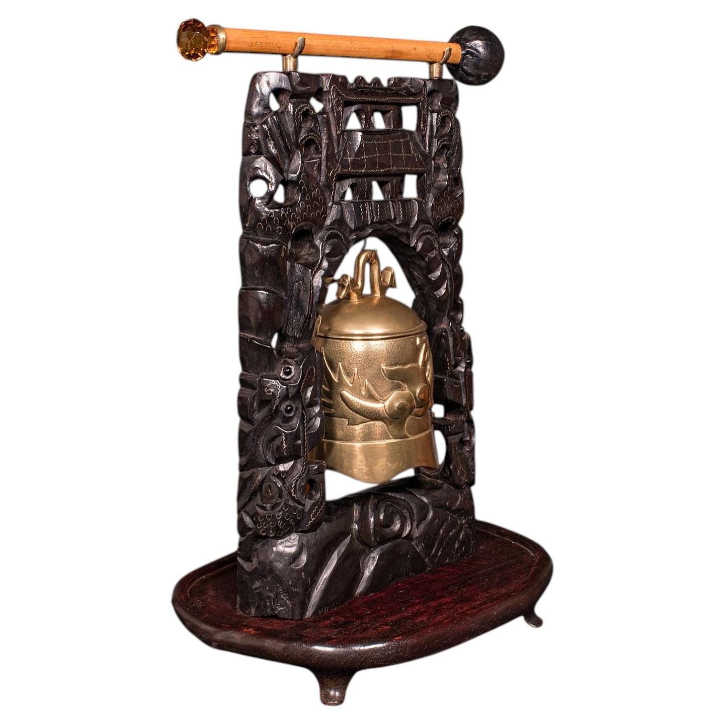 Antique Tea Ceremony Gong, Oriental, Carved Stand, Brass Bell, Edwardian, C.1910 For Sale
