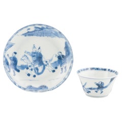 Taza de té y platillo antiguos Porcelana china Kangxi Azul Tazón blanco China