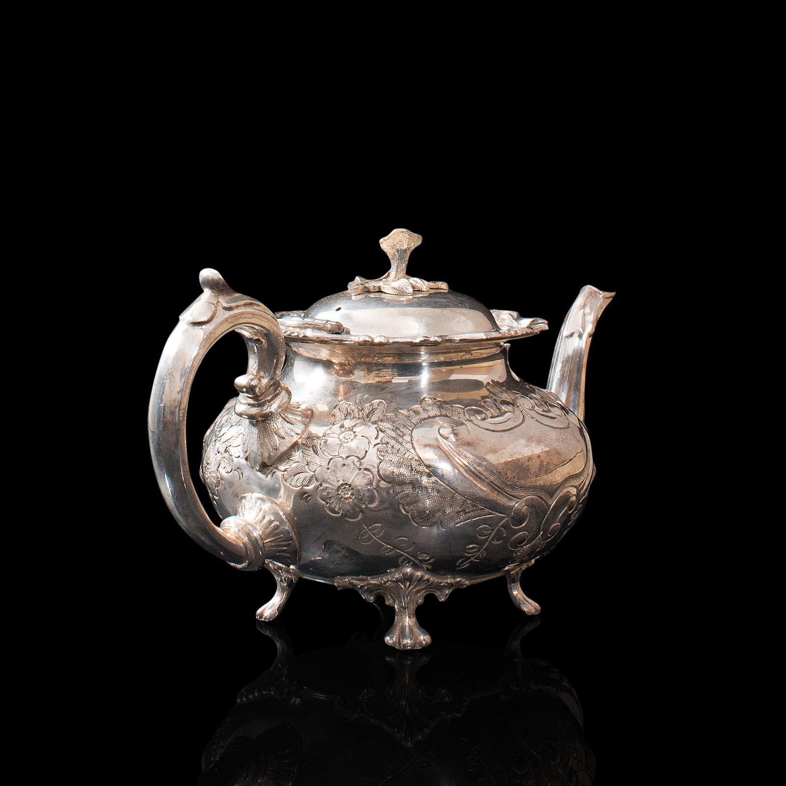 British Antique Tea Service, English, Silver Plate, Hand Chased, Teapot, Jug, C.1900 For Sale
