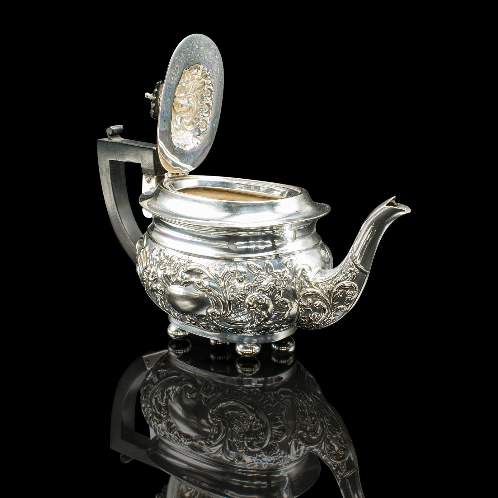 British Antique Tea Serving Set, English, Silver Plate, Teapot, Sugar Dish, Edwardian