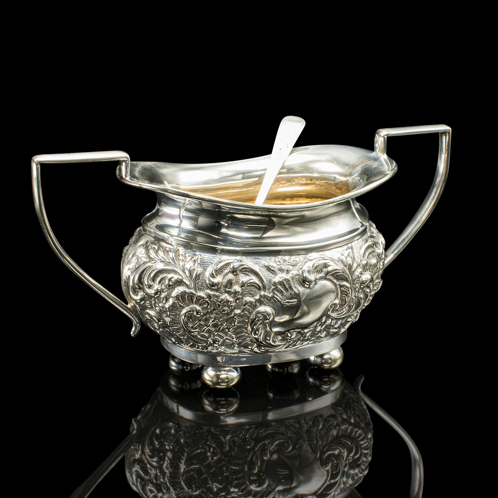 20th Century Antique Tea Serving Set, English, Silver Plate, Teapot, Sugar Dish, Edwardian