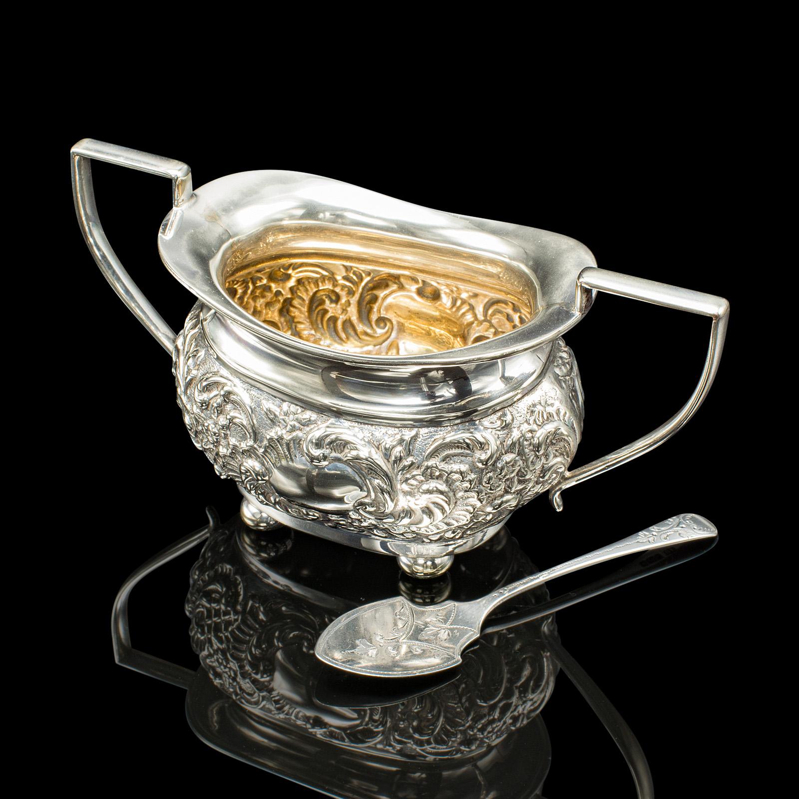 Antique Tea Serving Set, English, Silver Plate, Teapot, Sugar Dish, Edwardian 1