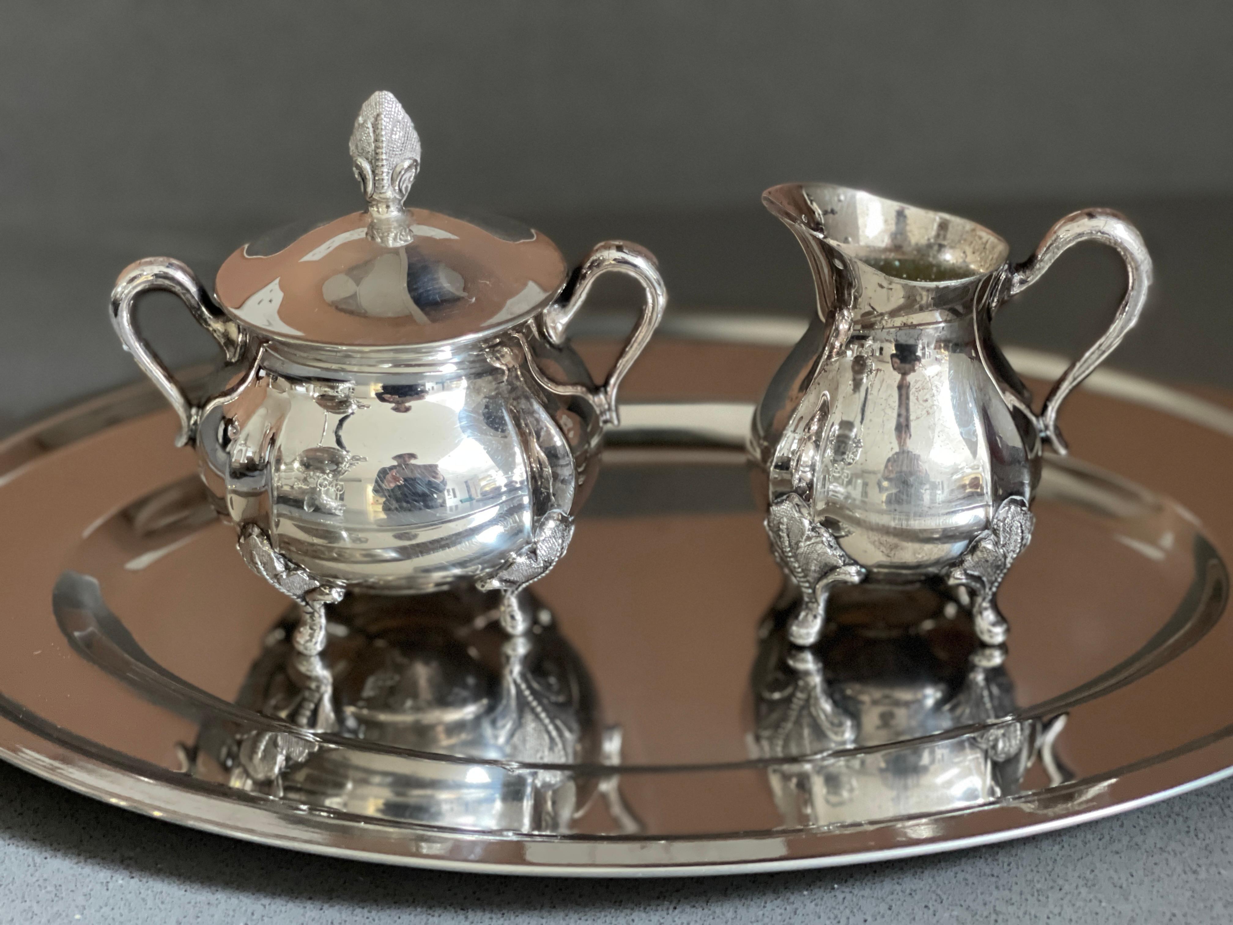 Art Deco Antique Tea Set 3 Part English Silver, Serving Tray, Home Decorative Objects  For Sale