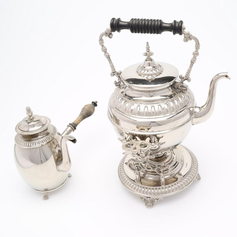 Art Deco Antique Tea Set, Silver Plated 3 Parts Kettle Coffee Pot and Warmer Set For Sale