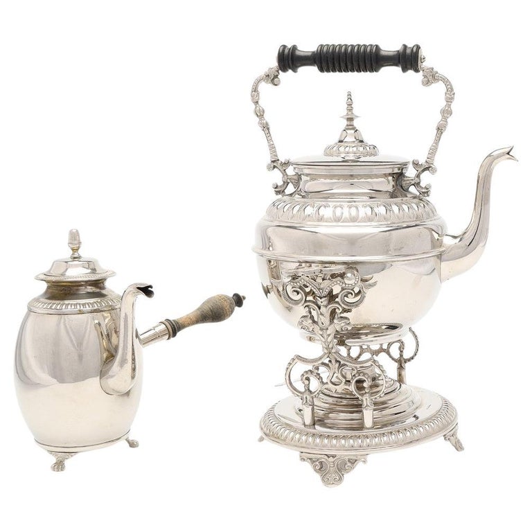 Antique Tea Set, Silver Plated 3 Parts Kettle Coffee Pot and Warmer Set For Sale