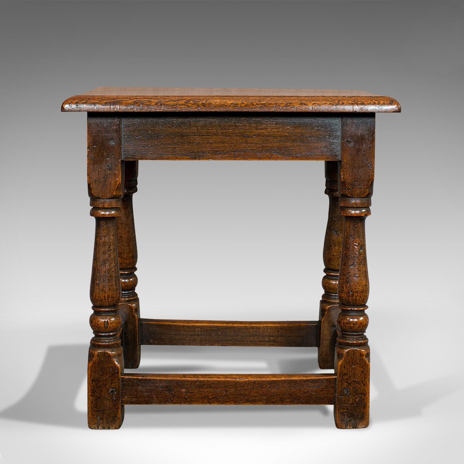 This is an antique tea table. An English, oak joint stool coffee table dating to the Victorian period, circa 1900.

Appealing, small tea table
Displays a desirable aged patina
Select oak with fine grain interest
Deep caramel hues to the wax