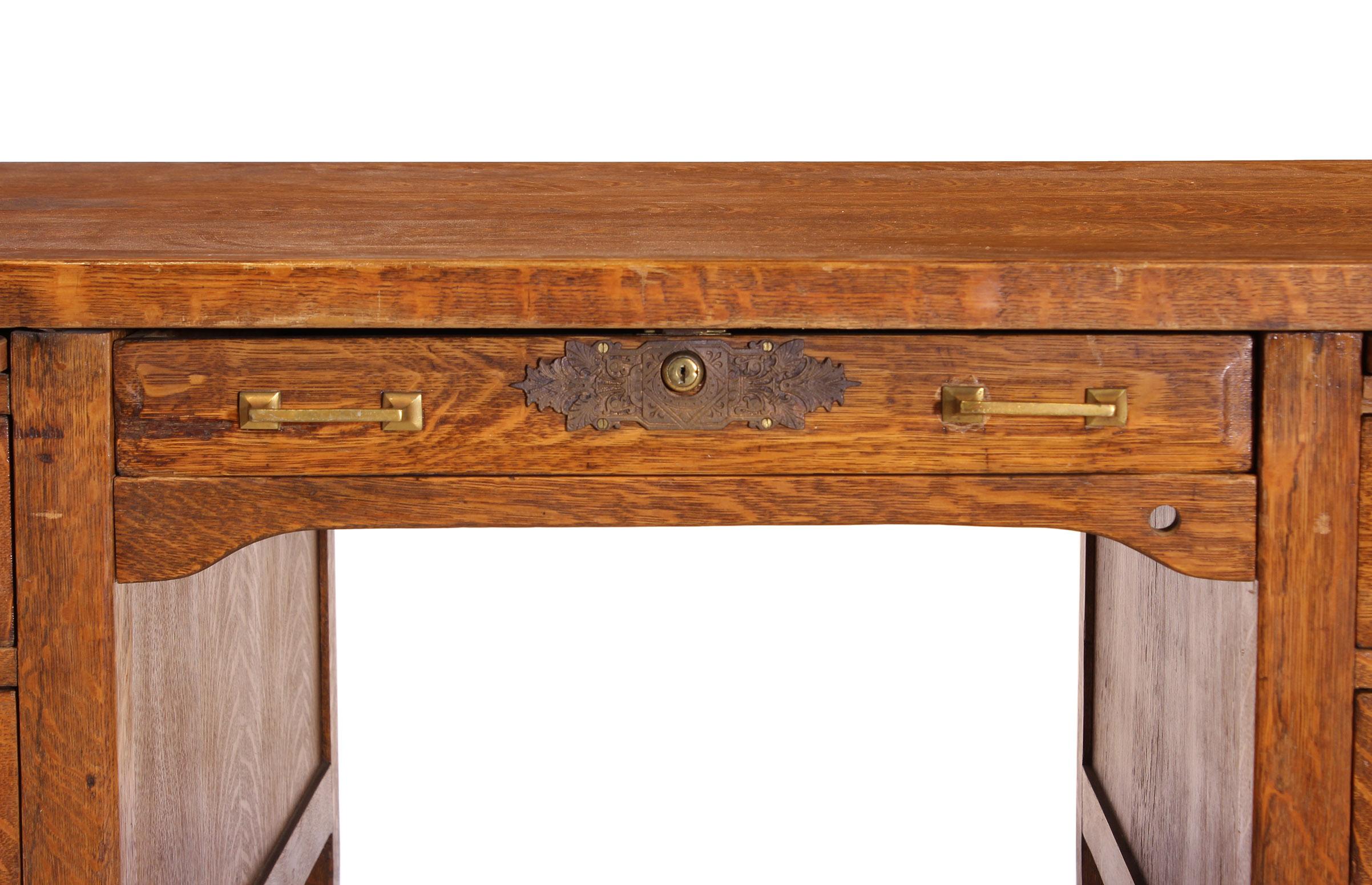 American Antique Teachers Desk, Tiger Oak and Brass Hardware