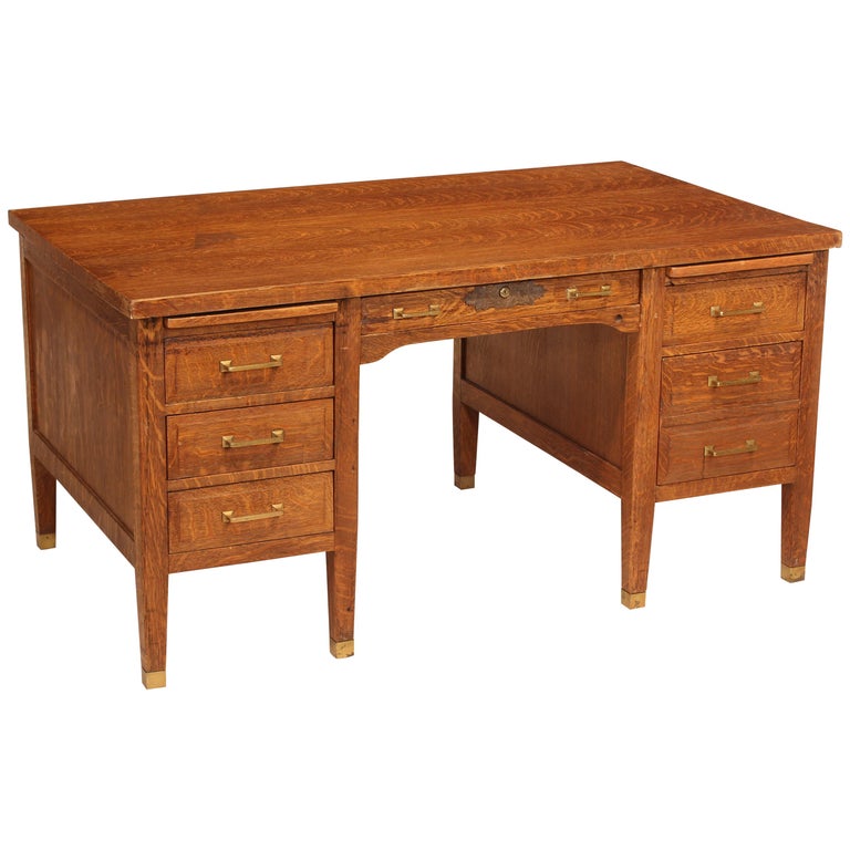 Antique Teachers Desk Tiger Oak And Brass Hardware For Sale At