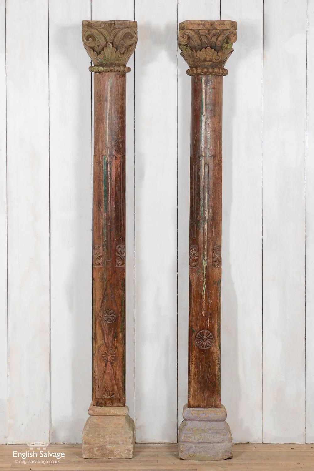Antique Teak and Stone Wooden Pillar Set, 20th Century For Sale at 1stDibs