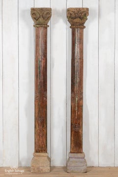 Antique Teak and Stone Wooden Pillar Set, 20th Century