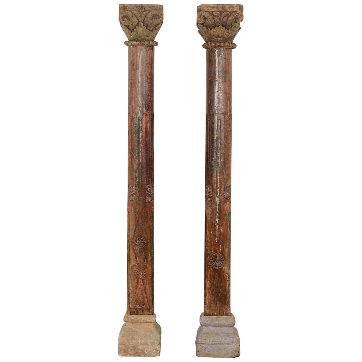 Antique Teak and Stone Wooden Pillar Set, 20th Century For Sale