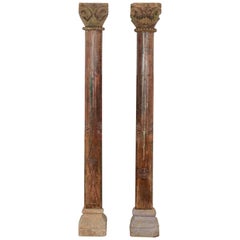 Antique Teak and Stone Wooden Pillar Set, 20th Century