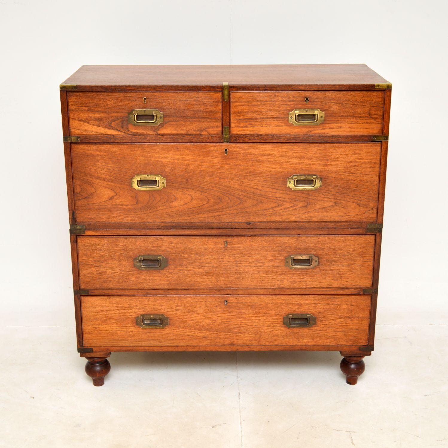 British Antique Teak & Brass Military Campaign Chest of Drawers For Sale