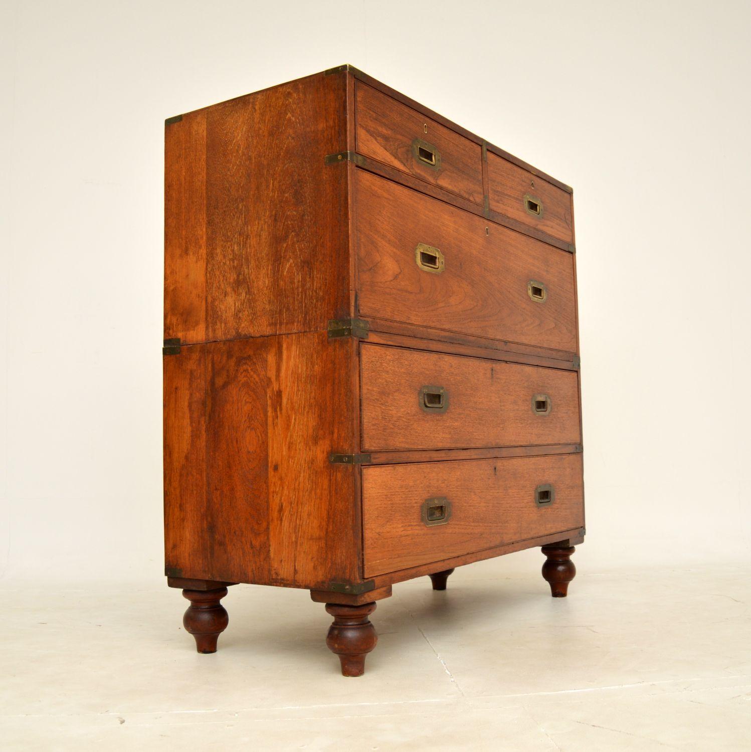 Antique Teak & Brass Military Campaign Chest of Drawers In Good Condition For Sale In London, GB