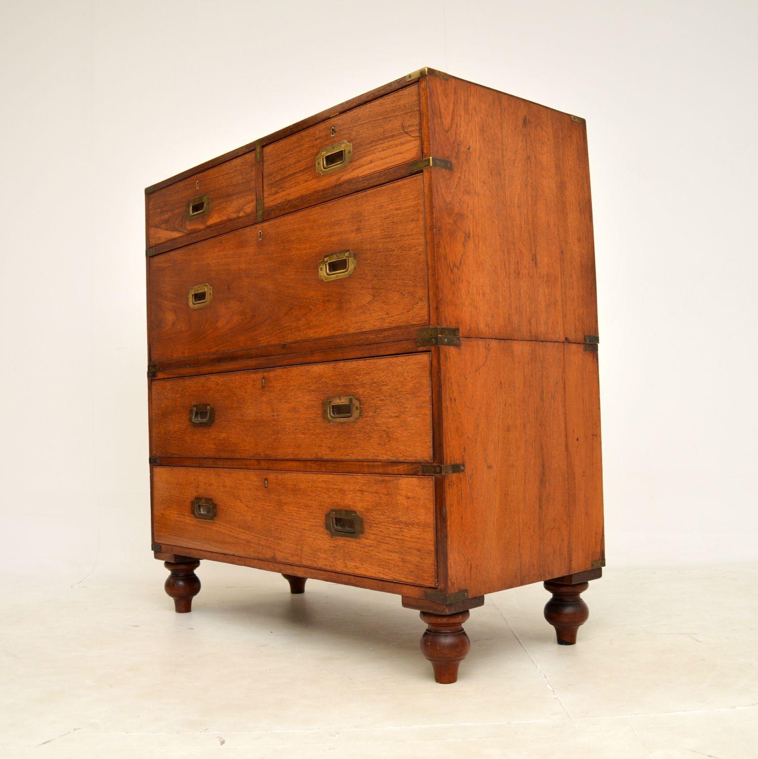 Mid-19th Century Antique Teak & Brass Military Campaign Chest of Drawers For Sale
