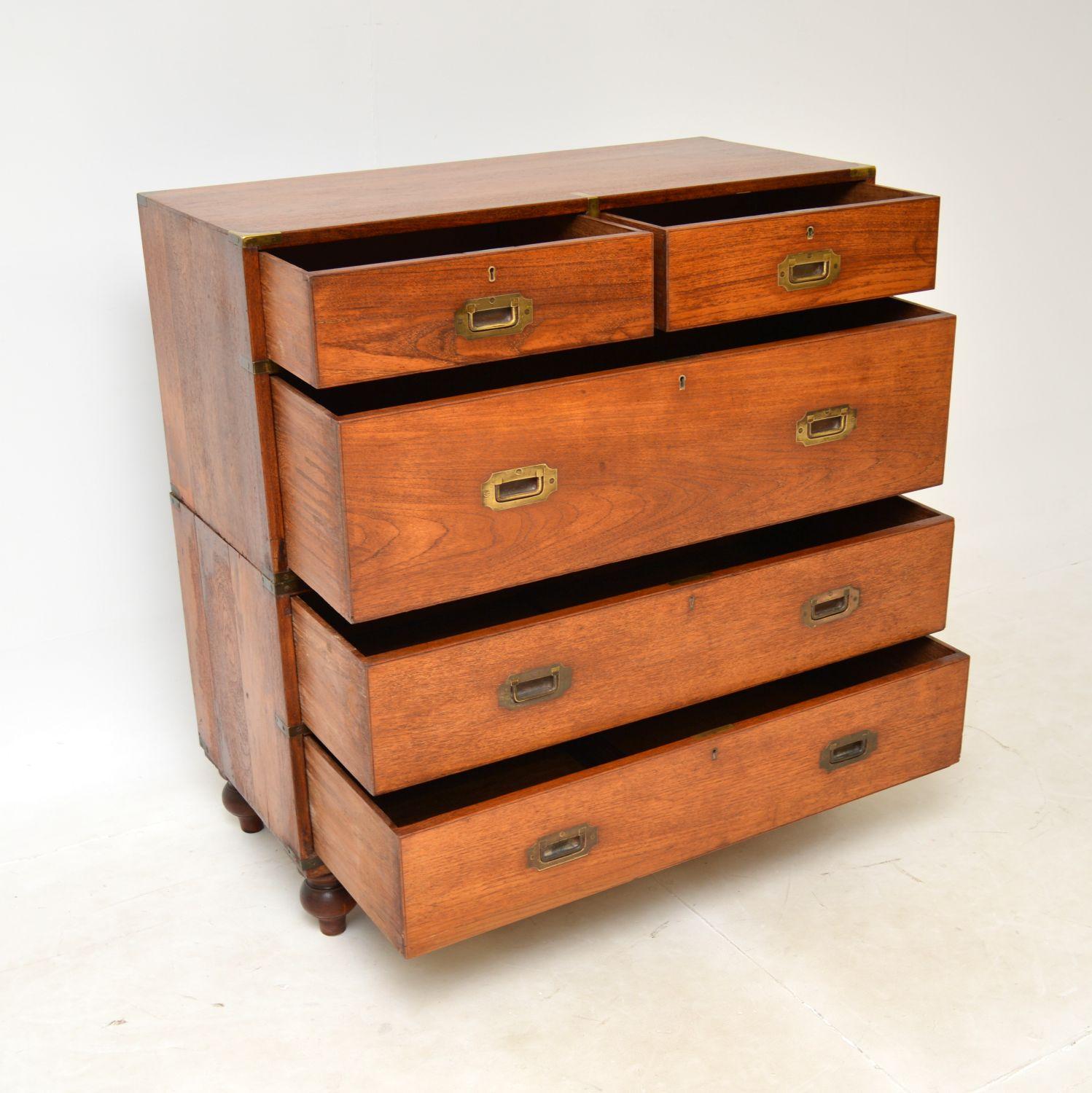 Antique Teak & Brass Military Campaign Chest of Drawers For Sale 1