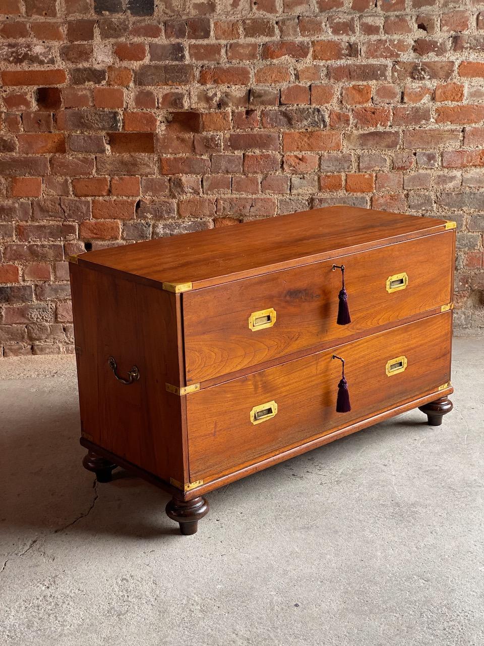 Victorian teak campaign chest of drawers mid-19th century circa 1850

Mid-19th century Anglo-Indian Colonial Victorian teak military campaign chest of drawers circa 1850, (Number 60) featuring original flush mounted brass handles and original