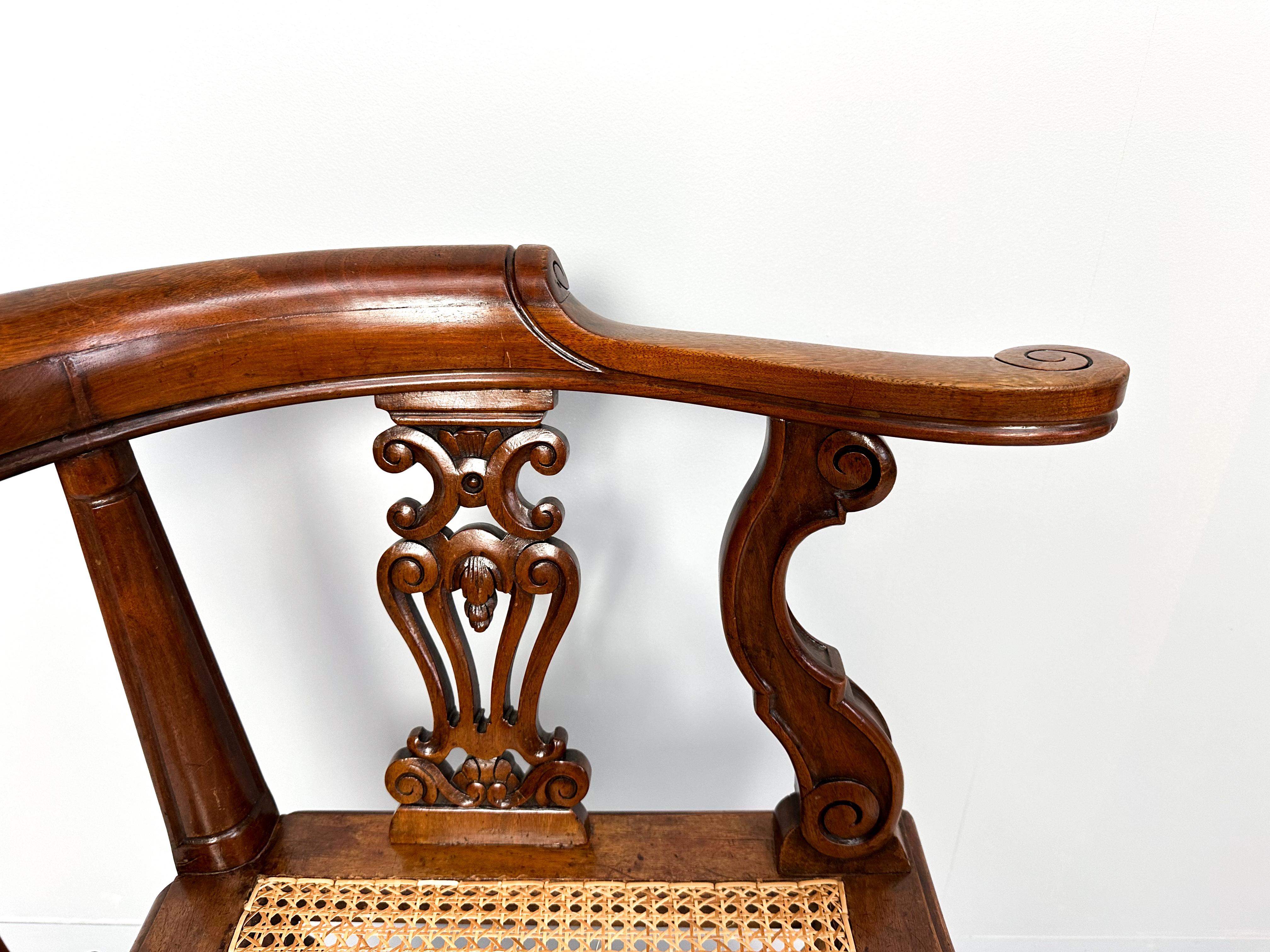 Antique Teak Corner Chair with Carved Backrest and Webbing Seat, 19th Century For Sale 6