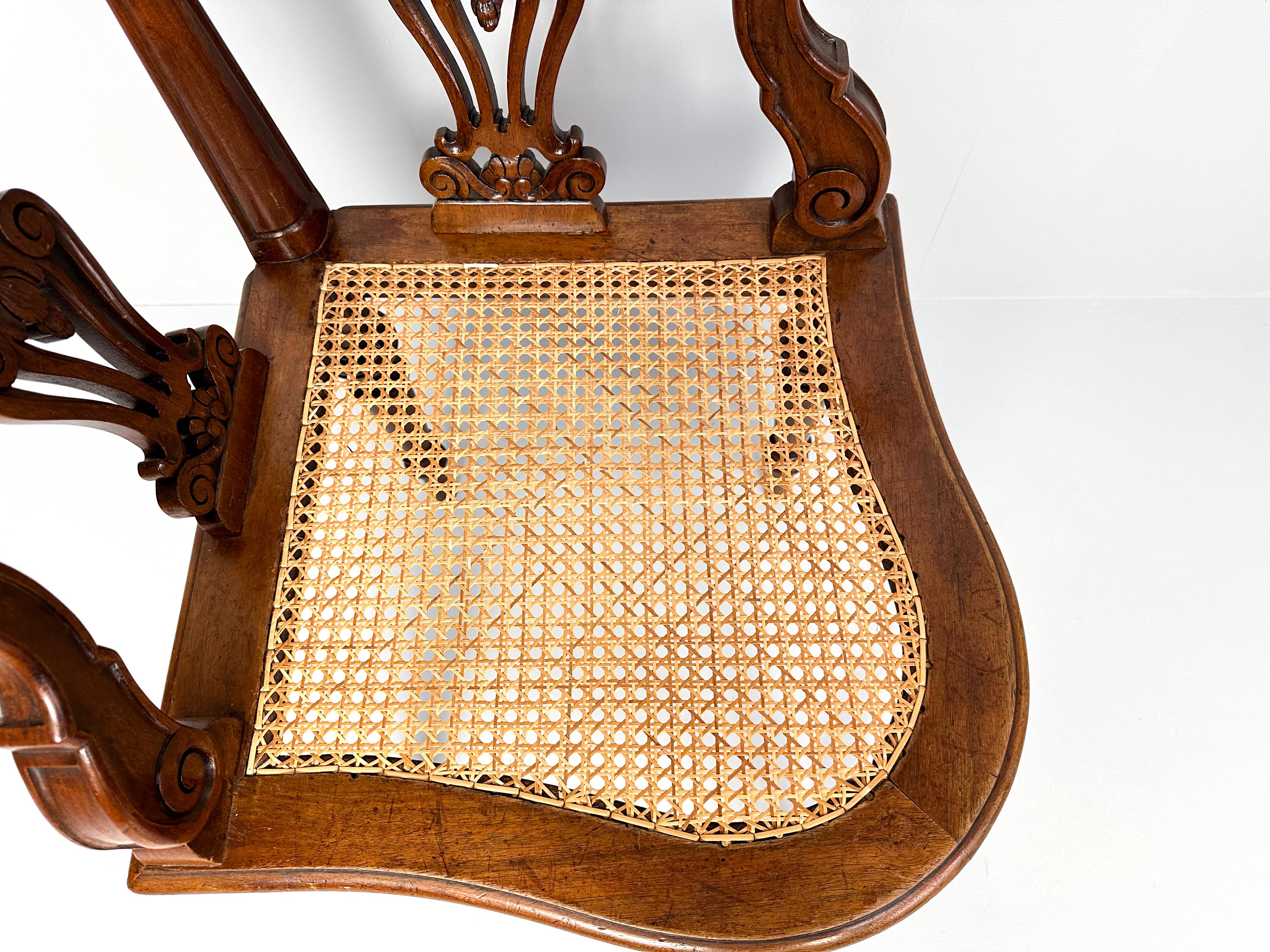 Antique Teak Corner Chair with Carved Backrest and Webbing Seat, 19th Century For Sale 7