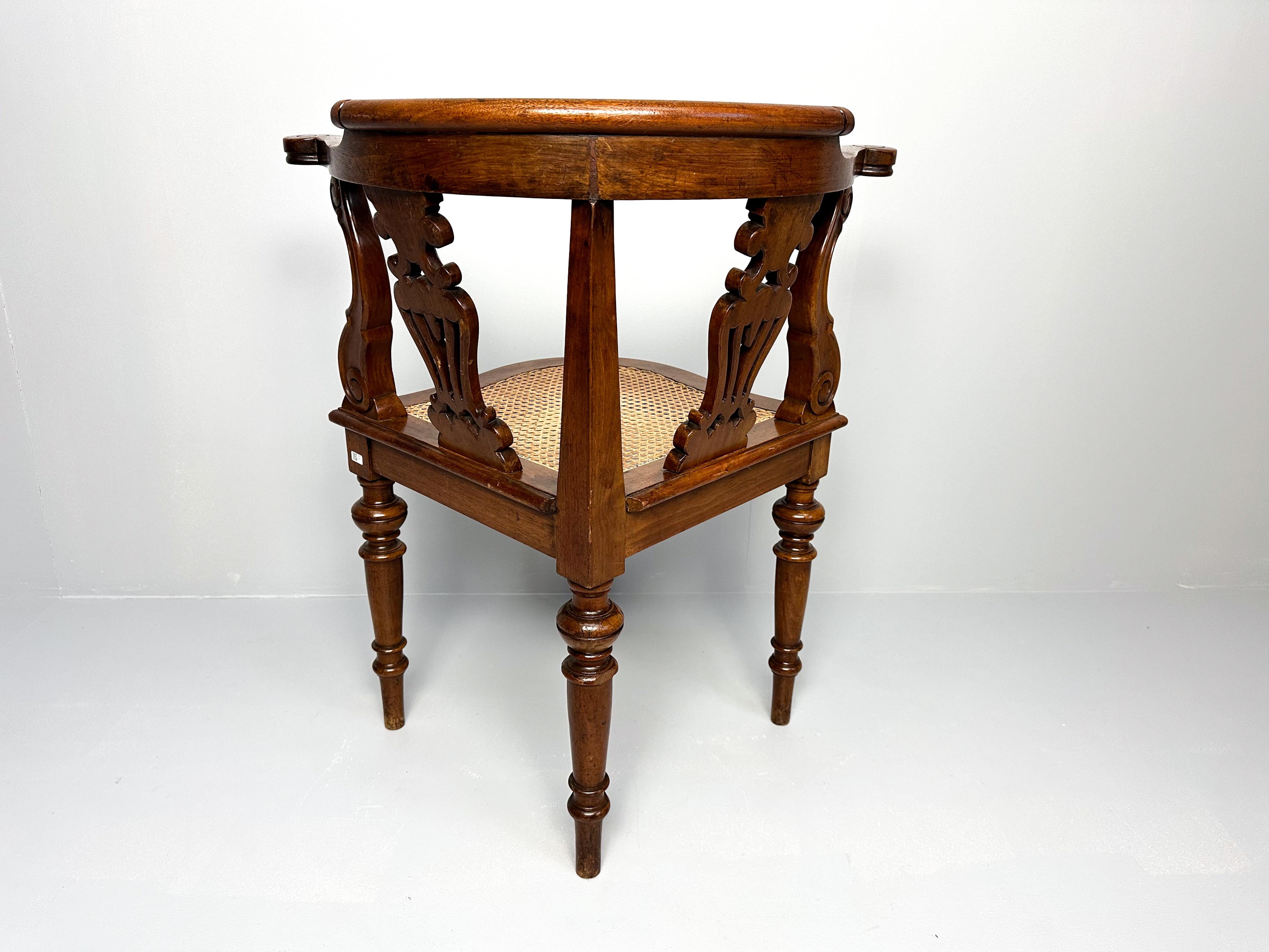 Antique Teak Corner Chair with Carved Backrest and Webbing Seat, 19th Century For Sale 8