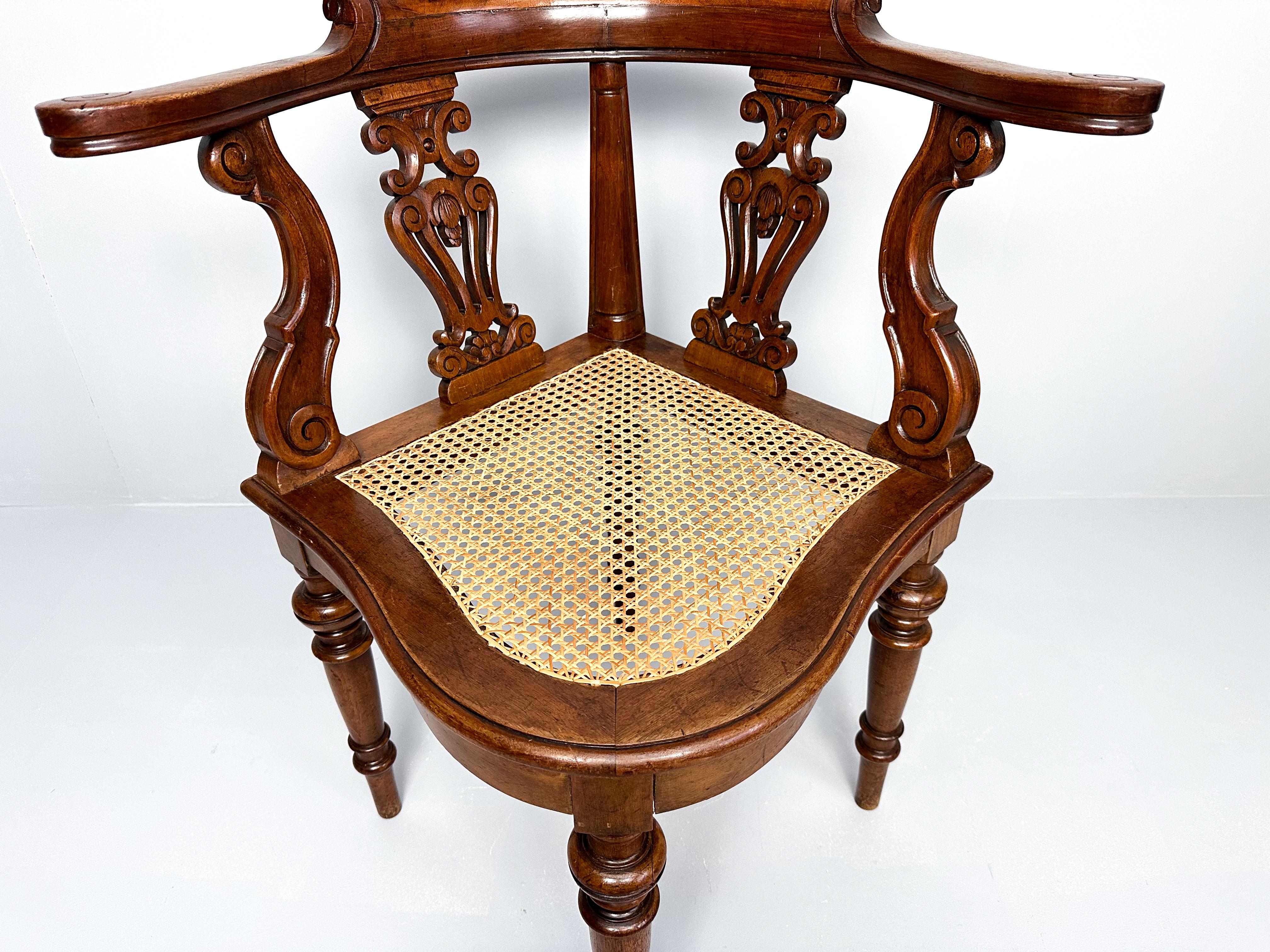 Antique Teak Corner Chair with Carved Backrest and Webbing Seat, 19th Century For Sale 1