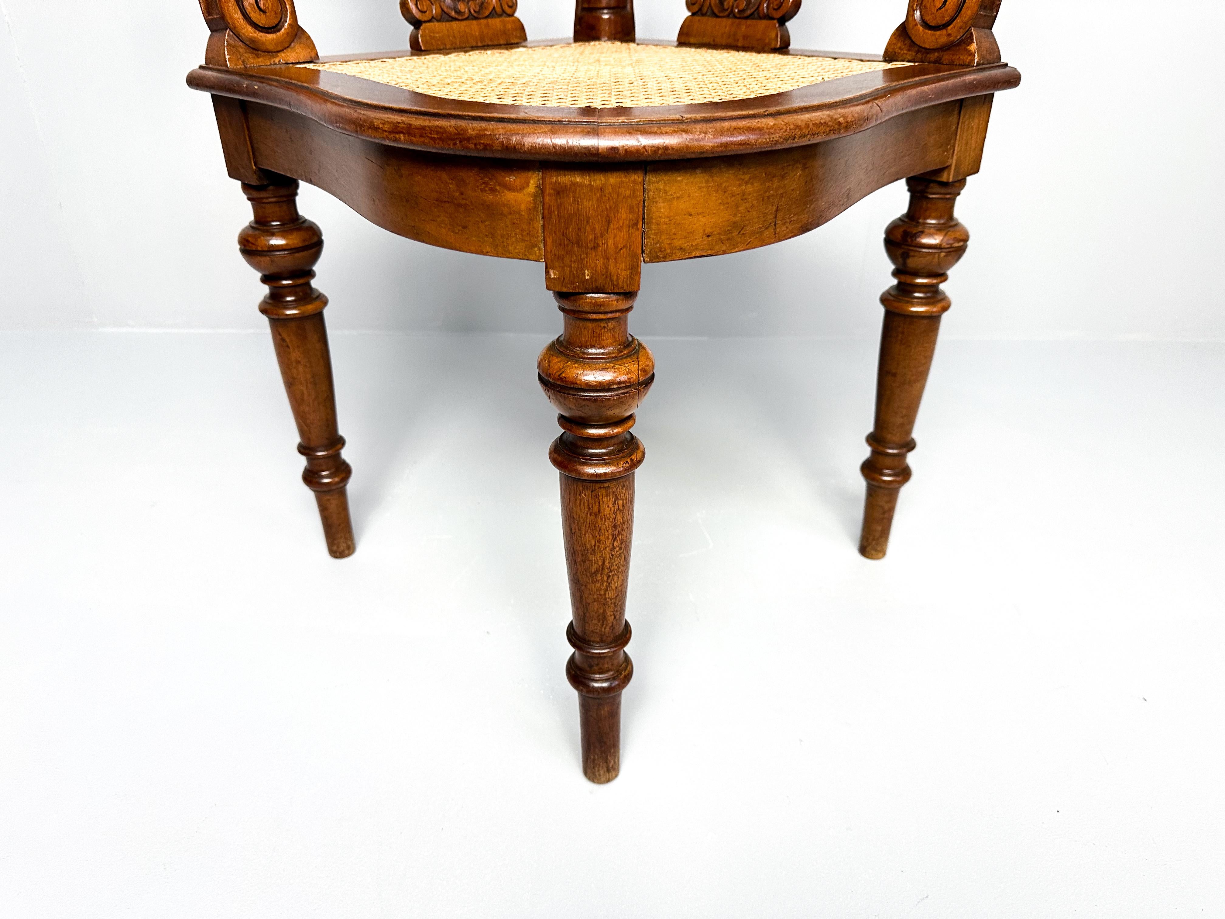 Antique Teak Corner Chair with Carved Backrest and Webbing Seat, 19th Century For Sale 2