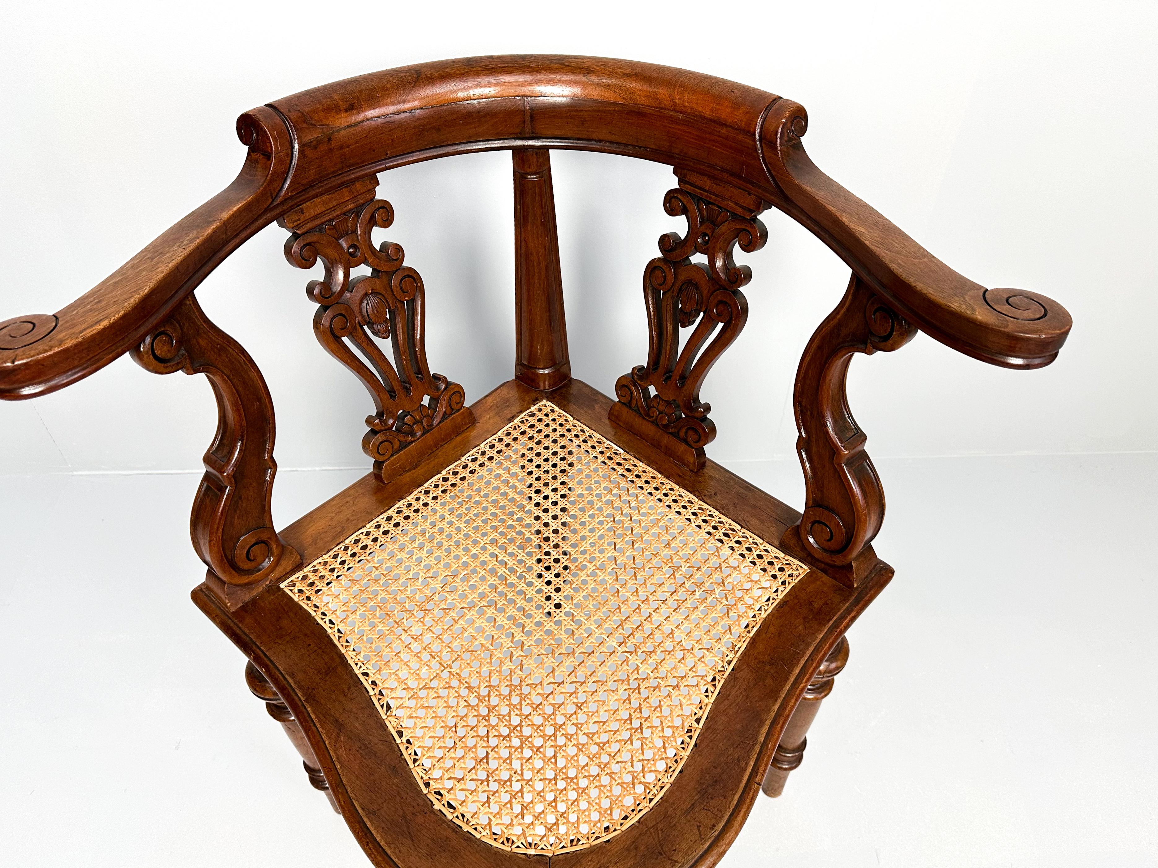 Antique Teak Corner Chair with Carved Backrest and Webbing Seat, 19th Century For Sale 3